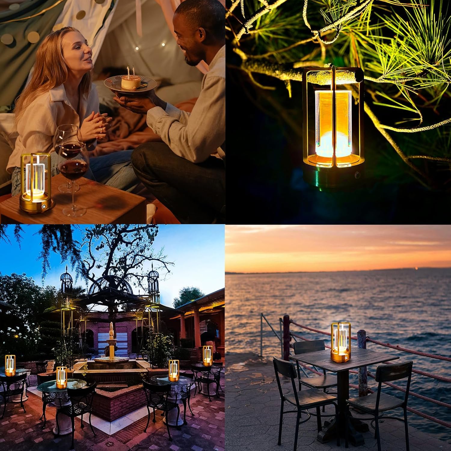Lot de 2 lampes de table LED sans fil rechargeables avec 3 couleurs à intensité variable - Lampe de table d'extérieur pour terrasse, camping, intérieur - Pour bar, café, maison (doré)
