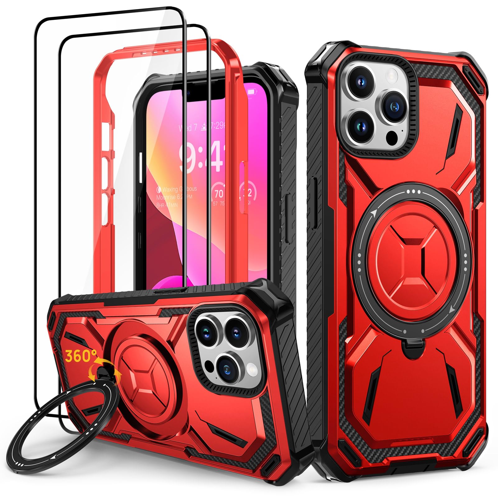 Lanhiem Cover iPhone 14 Pro Max con 2 Pezzi Vetro Temperato, 6FT Antiurto Anticaduta Militare,Supporto Magnetico Anello a 360° Protezione Armor Protezione, Custodia iPhone 14 Pro Max, Rosso