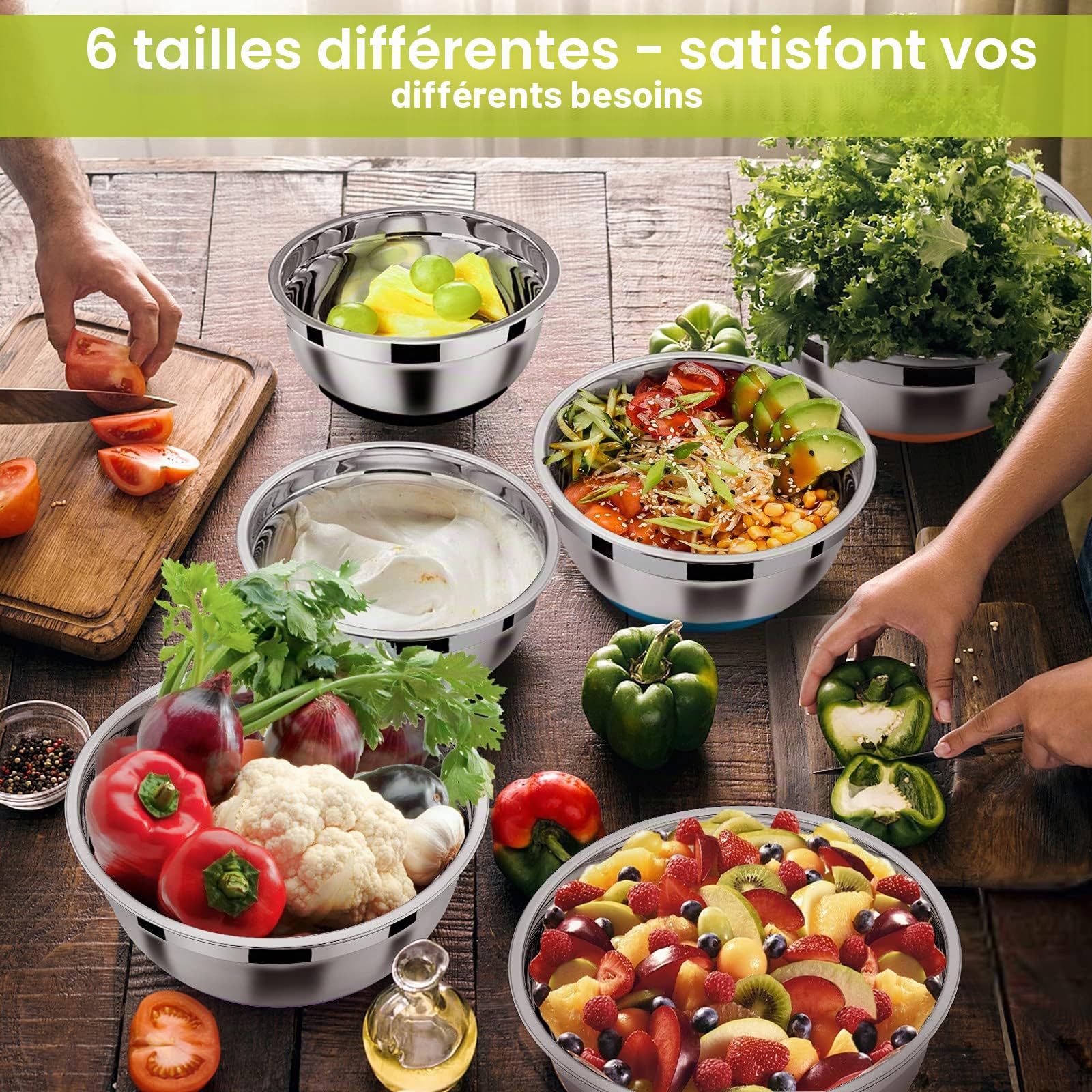 Homikit Ensemble de bols à mélanger, Ensemble de 6 bols à salade en acier inoxydable avec couvercle hermétique & fond en silicone, Empilable, Lavable au lave-vaisselle, 4.6L/2.8L/2.5L/1.6 L/1.2L/0.7L