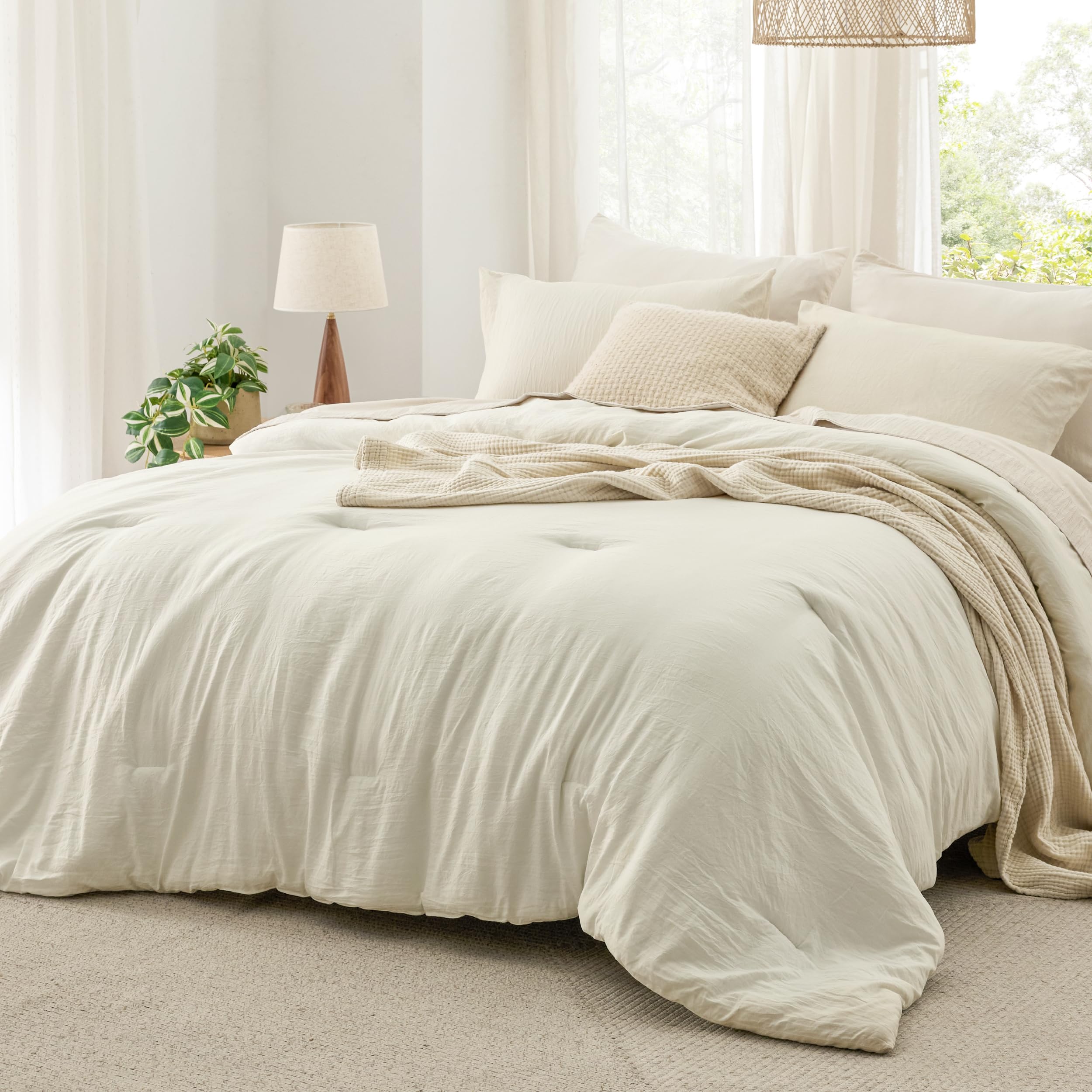 Bedsure Full Size Comforter Set, Ivory Soft Prewashed Bedding for All Seasons, 3 Pieces GentleSoft™ Warm Down Alternative Bed Set, 1 Lightweight Comforter (82"x86") and 2 Pillowcases (20"x26")