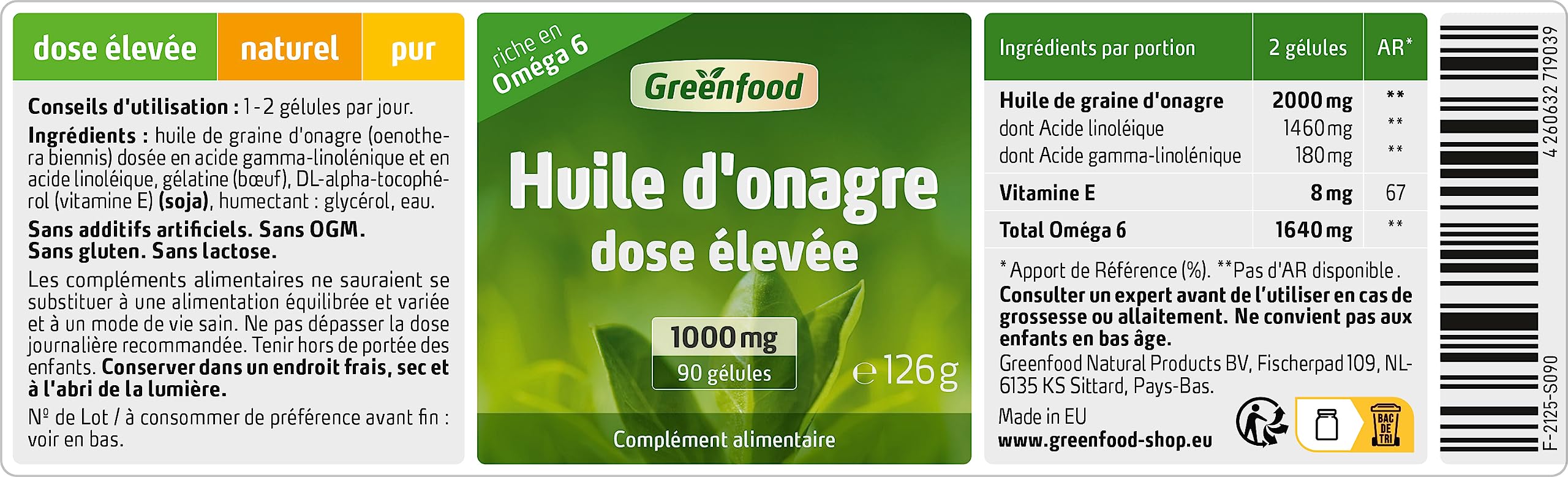 Greenfood Huile d'onagre, 1000 mg, dose élevée, 90 gélules - Sans additifs artificiels. Sans génie génétique.