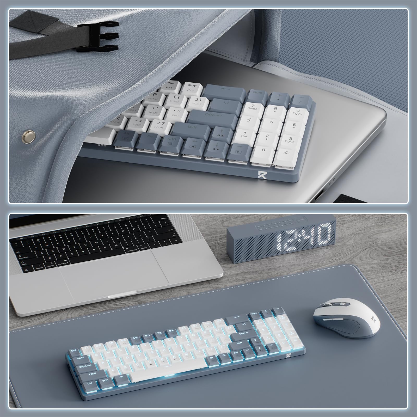 Redragon BS135 Kabellose Tastatur- und Mauskombination, 75% 78 Tasten 2,4 GHz mechanische Tastatur mit niedrigem Profil, wiederaufladbare Batterie, blaues Schwarzlicht, ergonomische Maus mit 2400 DPI