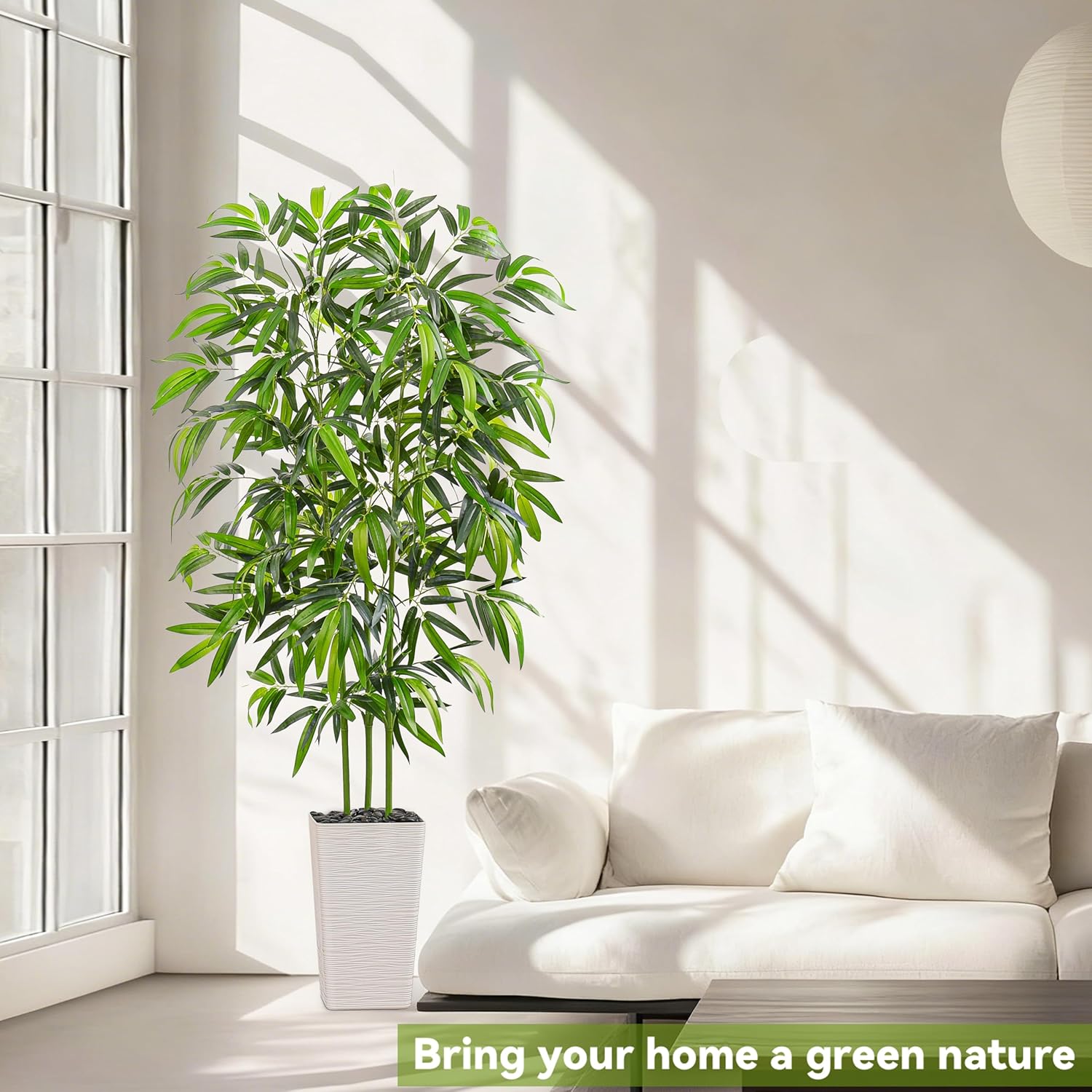 Artificial Bamboo Tree 5FT Tall Fake Plants Faux Bamboo Plant with White Tall Planter, Artificial Fake Trees Silk Plant with 3 Trunks and Lifelike Leaves for Home Office Indoor Outdoor Decor