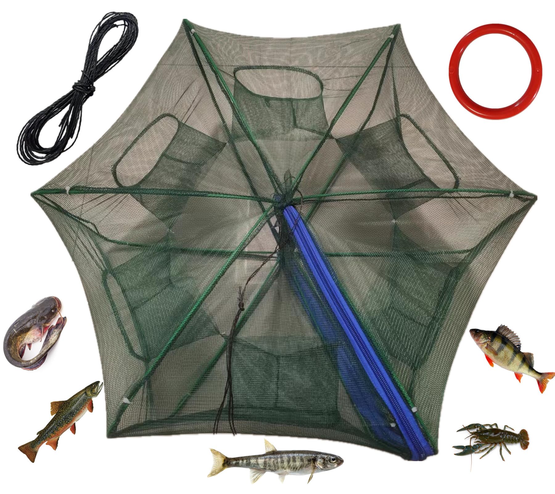 Minnow Trap 6 Hole Portable Folding Umbrella Fishing Net Trap PE mesh Iron Frame Crab Pots with Floating Ring and Rope for Catching Live Bait Fish Crawfish Shrimp Trout Crab