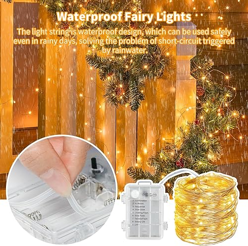 Miniatura 4 de TingMiao Guirnalda de luces de hadas funciona con pilas con temporizador de control remoto, 33 pies, 100 LED, impermeable, 8 modos, cable de cobre,