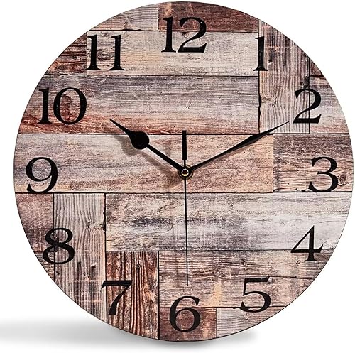 Relojes de pared silenciosos sin tictac, madera marrón granero, tablón de pino, relojes de pared rústicos, funciona con pilas, reloj de pared