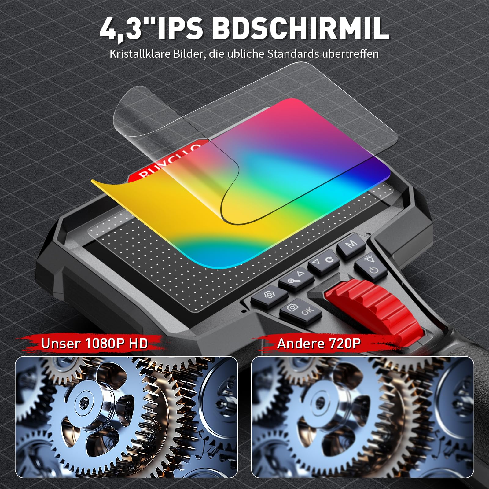 Industrielles Endoskop mit Licht - HD 1080P Inspektionskamera mit 6.2mm 210° flexiblem Steuerkopf, IP67 wasserdicht, 32GB Speicherkarte enthalten - Für KFZ-Mechaniker, Rohre, Maschinenwartung