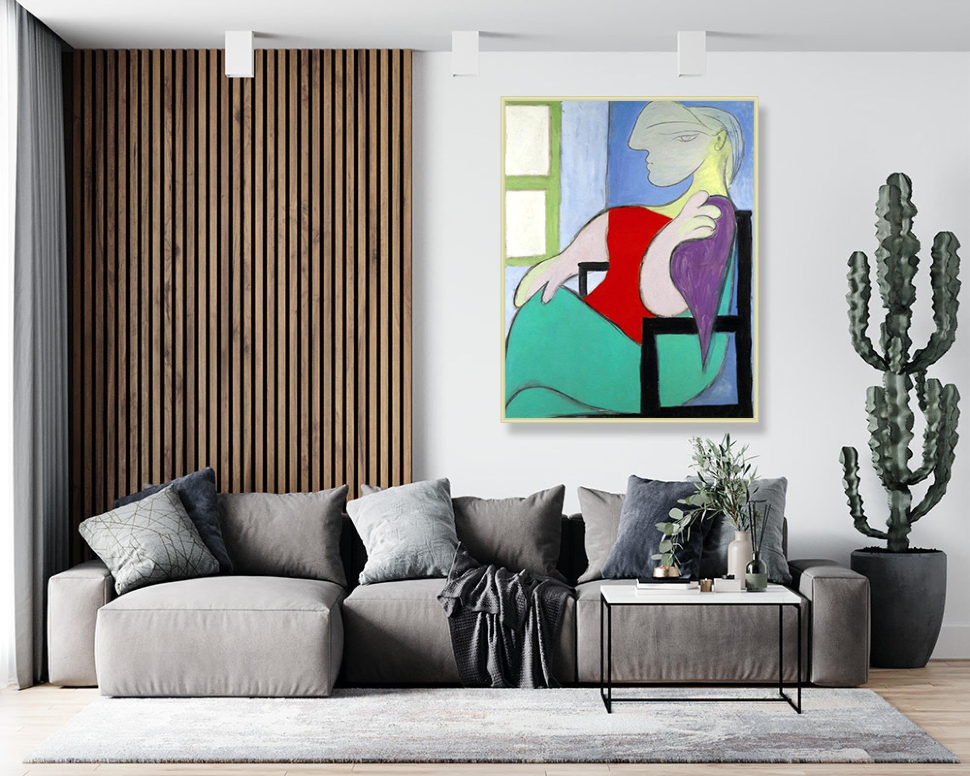 NHLDZYH Szampańska srebrna ramka - Picasso wydruk na płótnie obraz kobieta siedząca w pobliżu okna - Picasso obrazy na płótnie z ramą - Picasso Picasso wydruk na płótnie 40 x 50 cm
