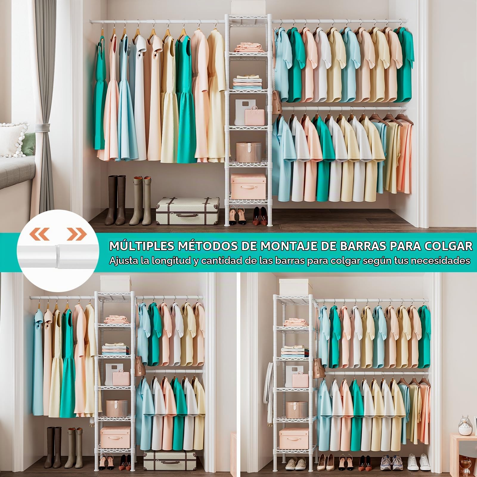 Armario Abierto Extensible con 3 Barras y 6 Estantes | Vestidor para Dormitorio, Blanco, 177–277 × 35 × 181 cm