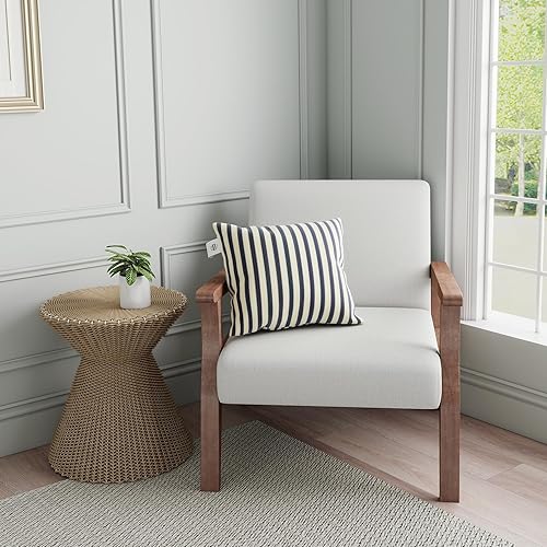 Miniatura 6 de HNY Sillón de mediados de siglo con marcos de madera, sillón tapizado de lino, para sala de estar, dormitorio, marfil Marco de madera dura natural