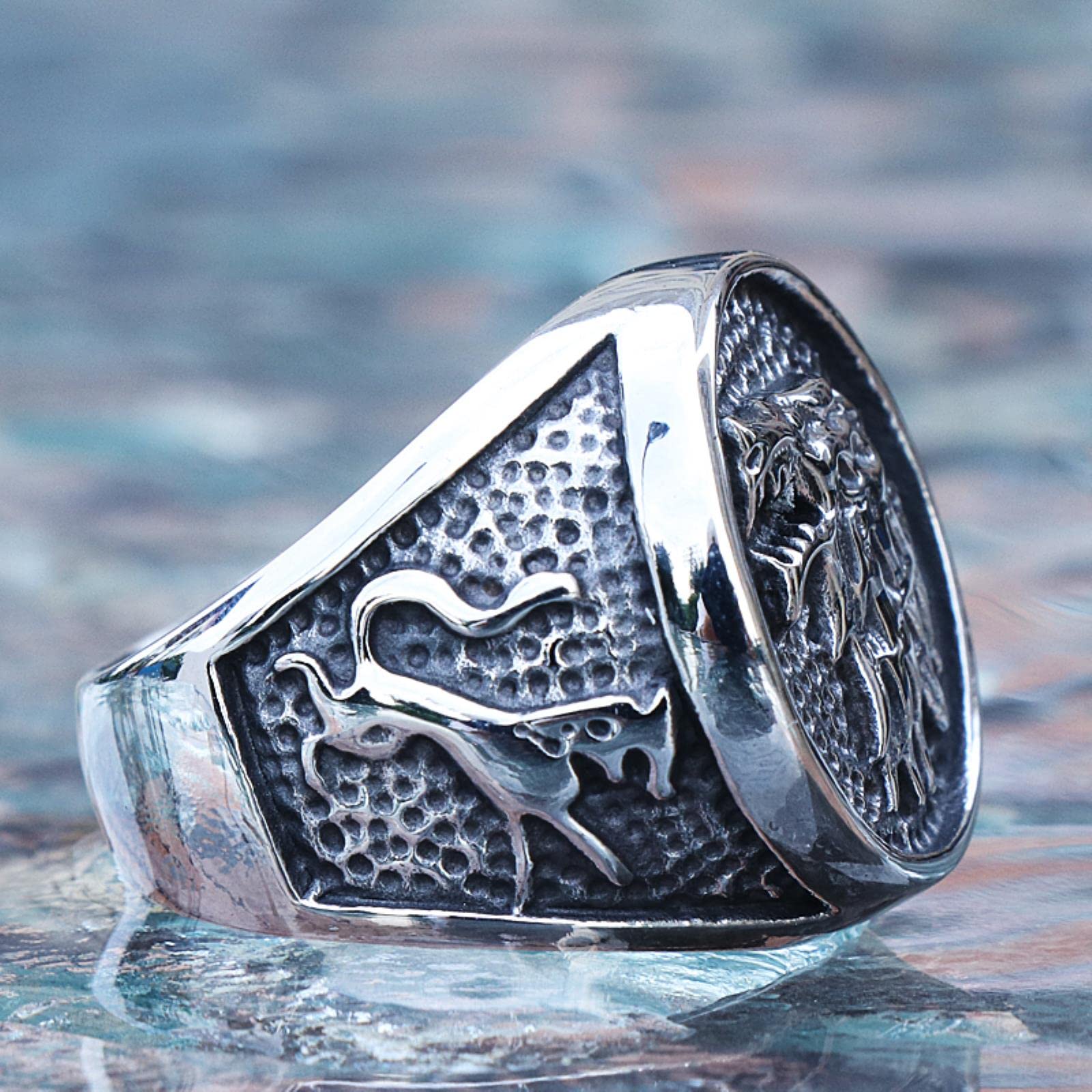 Retro Viking Stainless Steel Wolf Ring Men Biker Ice Wolf House Stark Winterfell Animal Ring Nordic Fashion Jewelry Size 7-13