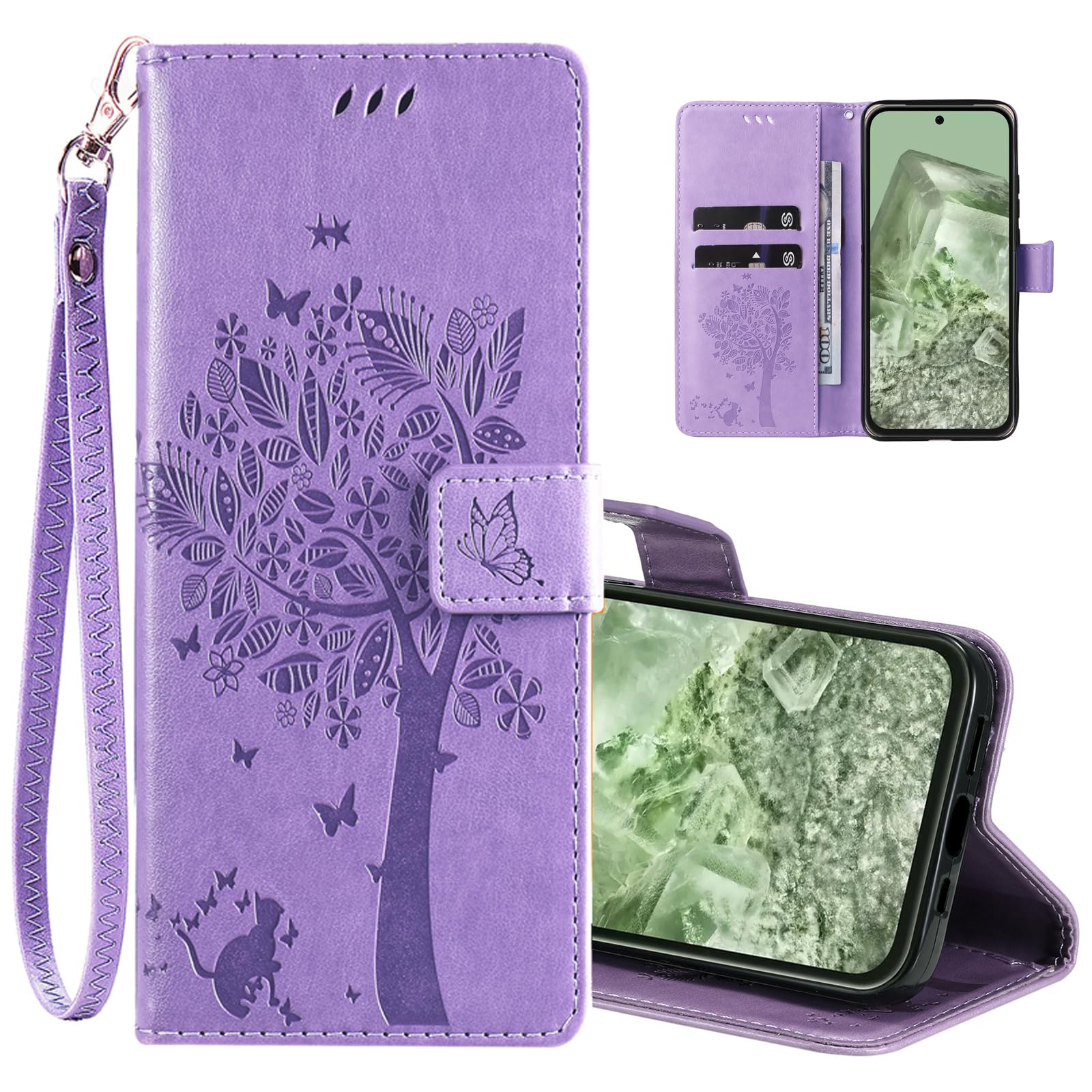 for Google Pixel 8A Case Wallet for Women Man,PU Leather Tree Cat Flowers Embossed Wrist Strap Card Slots Pocket Kickstand Flip Protective Phone Case Cover for Google Pixel 8A Light Purple