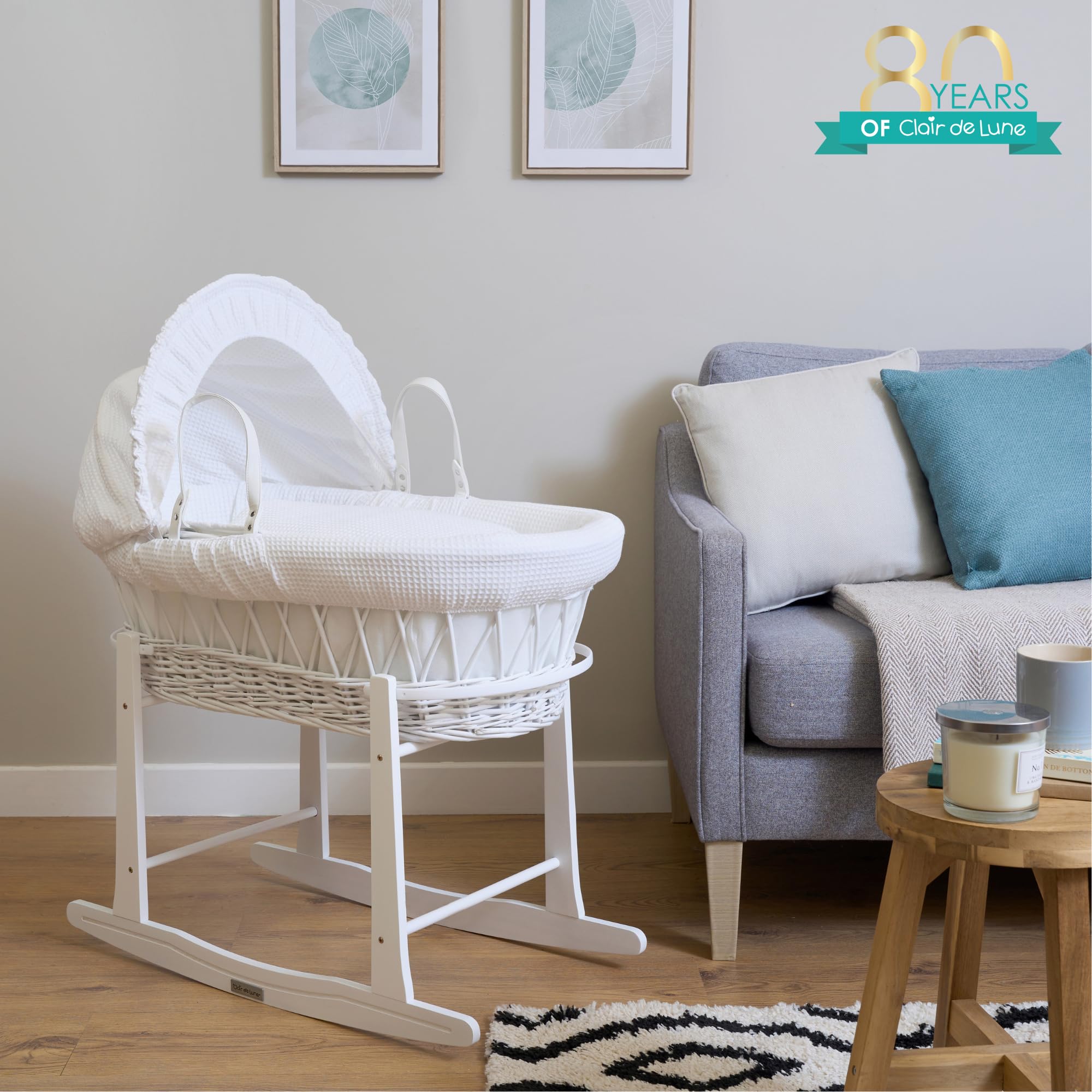 Clair de Lune Couffin en Osier Blanc gaufré avec Support à Bascule Standard Blanc – 68 x 30 cm (Blanc)