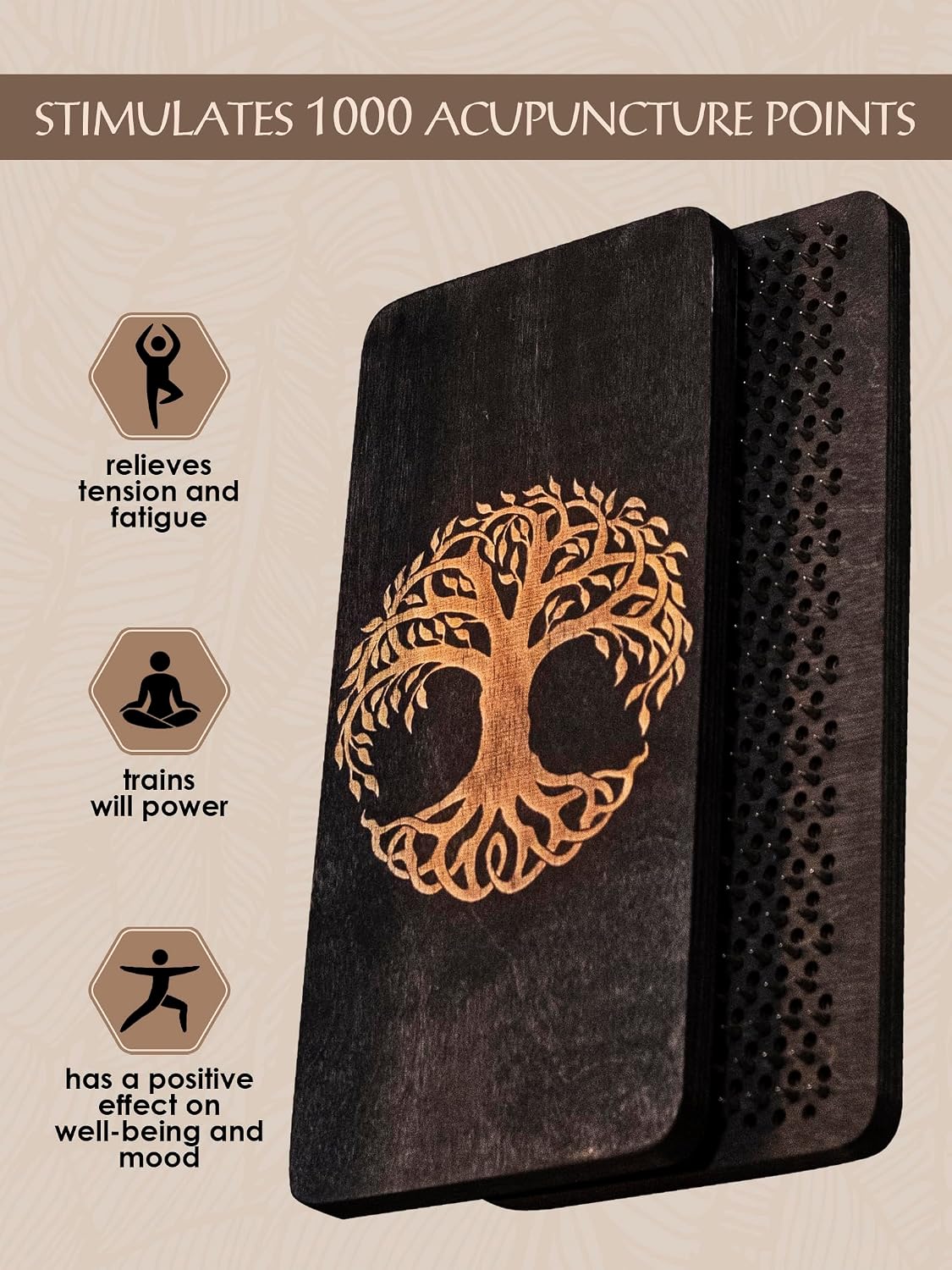 Sadhu Board for Yoga Beginners, Wooden Yoga Board for Acupressure and Meditation with Nails for Deep Tissue Massage, Acupuncture Massage, Nail Distance 0.31 in (8 mm)