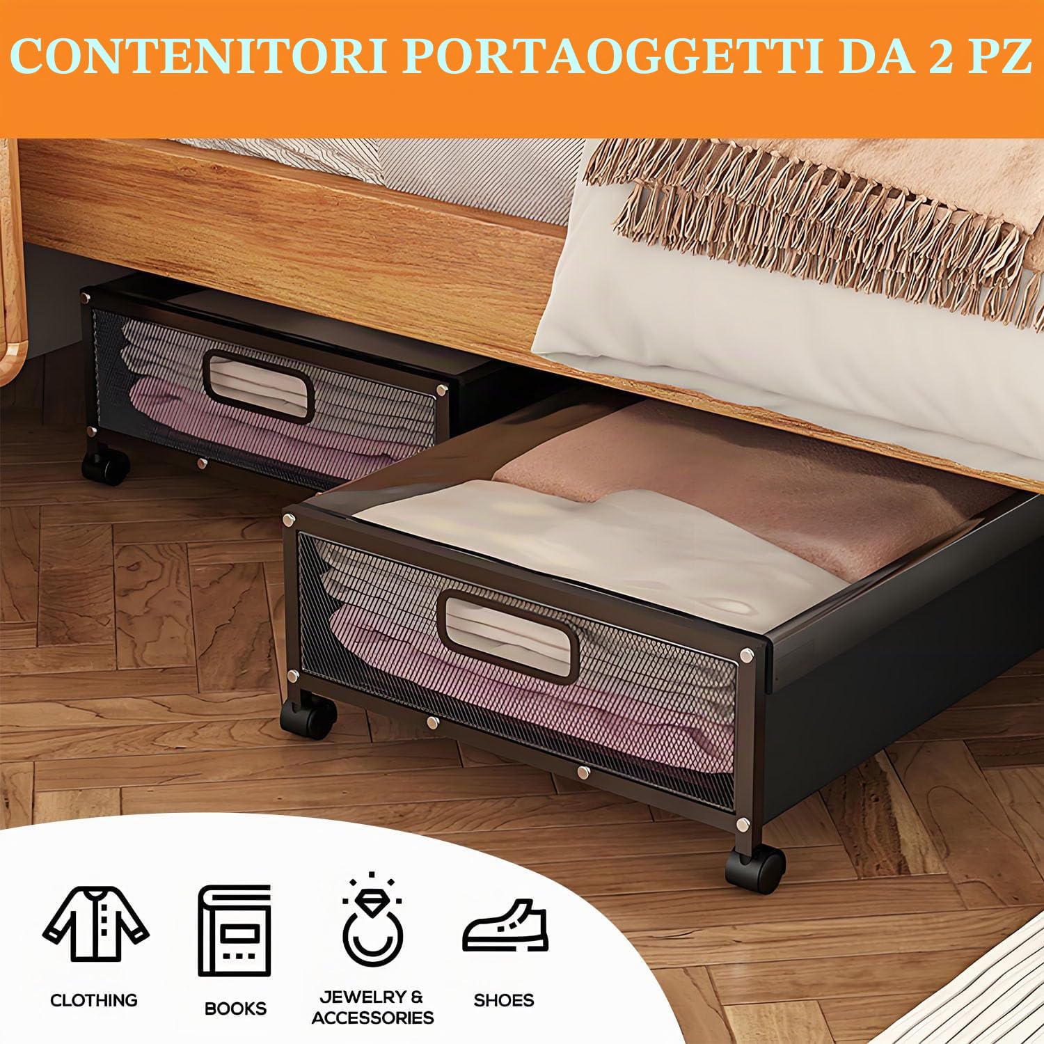 Contenitore sotto il letto, 2 pezzi, con ruote, altezza 15 cm, stabile, con coperchio e maniglia, per vestiti, giocattoli, scarpe e coperte