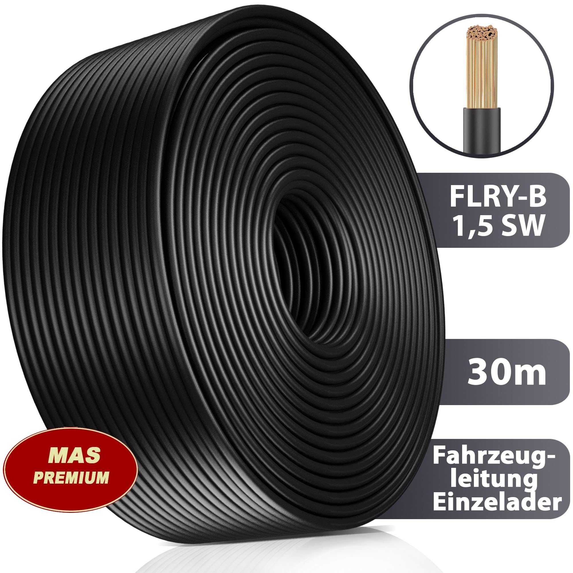 MAS Premium FLRY-B 1,5 oder 2,5 mm² Fahrzeugaderleitung 5-100m KFZ Kabel Einsatz in elektrischen Anlagen von Fahrzeugen 2st. Set (Rot + Schwarz) (FLRY-B 1,5 mm², 30m)