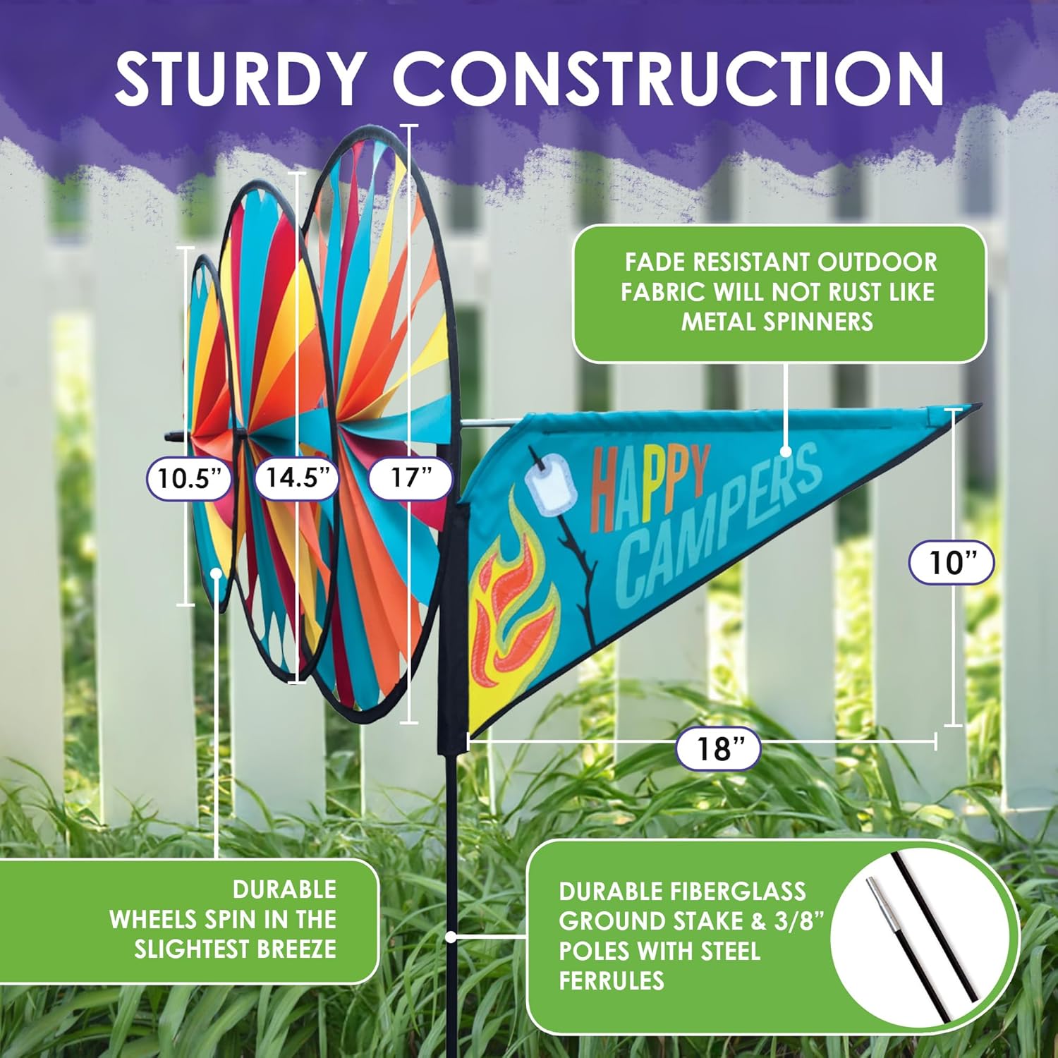 Premier Kites Triple Spinner Happy Campers – Eye-Catching Garden Spinner with Colorful Triple Wheels, Durable Weather-Resistant Fabric, Easy Assembly, Fun Campground Décor for Patios, Lawns & RV Sites