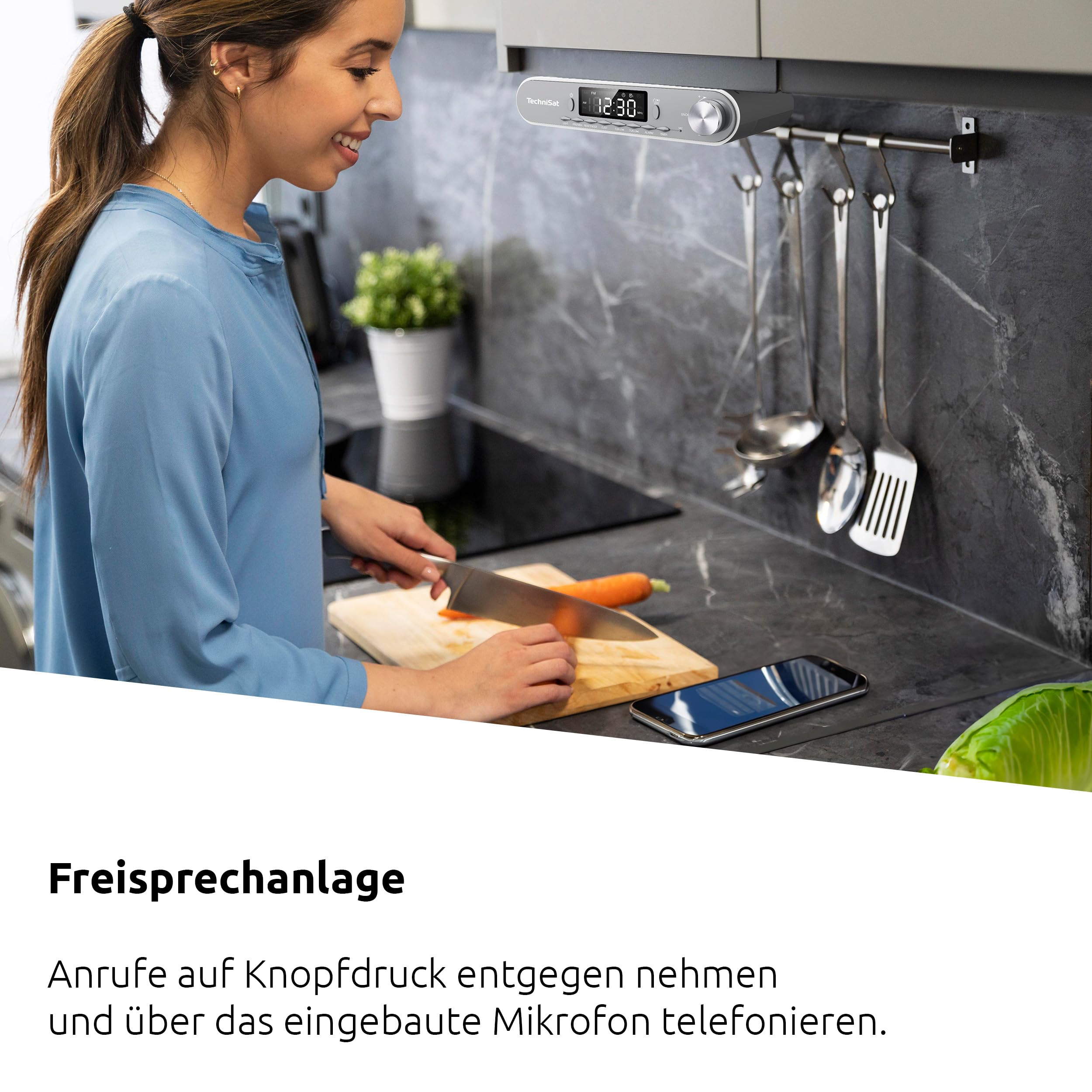 TechniSat KITCHENRADIO - Elegantes UKW-Unterbau-Küchenradio mit Arbeitsleuchte (Timer Direktwahltaste, Weckfunktionen, LED-Display, Unterschrankbeleuchtung, Bluetooth, Freisprecheinrichtung, 5 W)