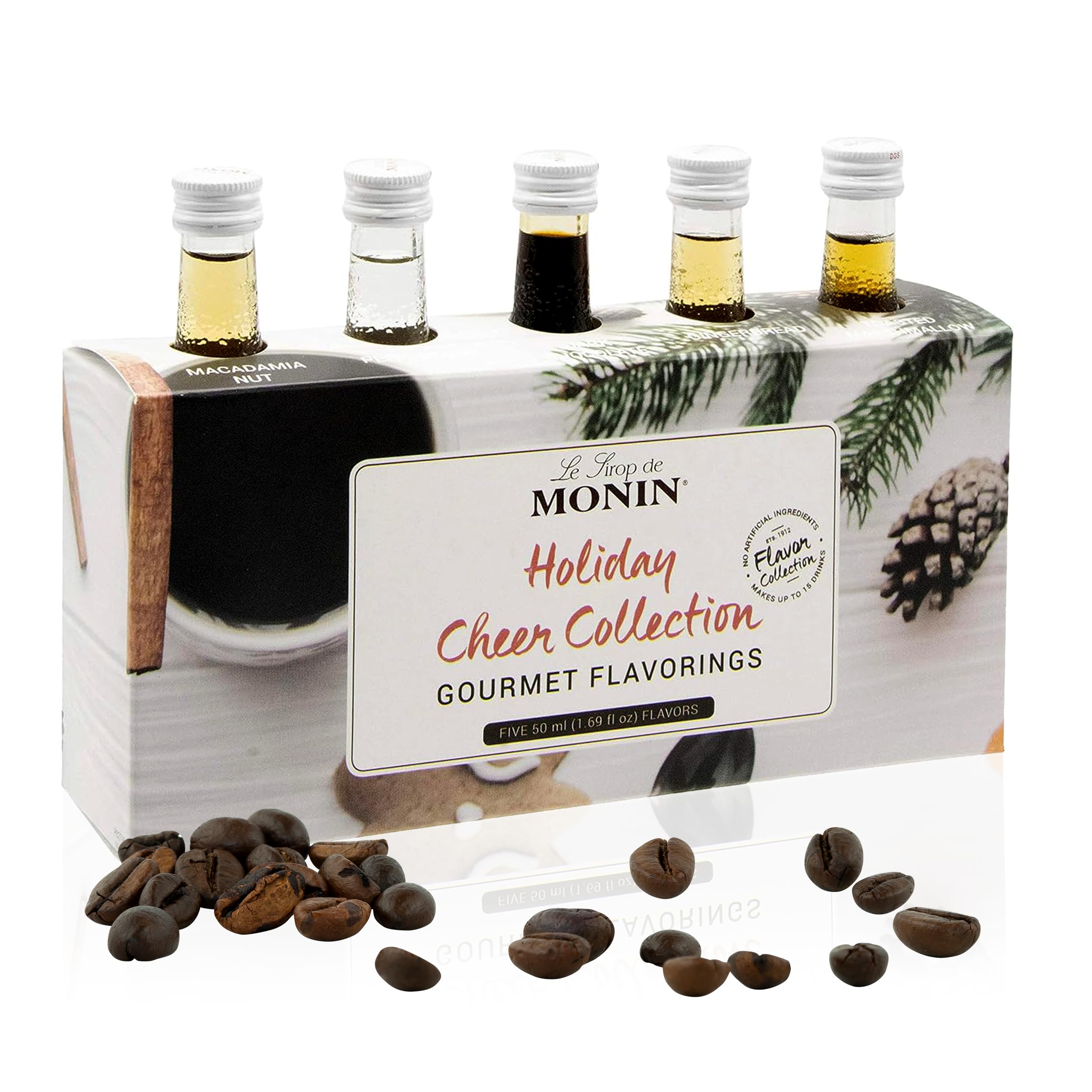 Monin - 5 Flavor Holiday Cheer Collection: Macadamia Nut, Peppermint, Dark Chocolate, Toasted Marshmallow, & Gingerbread, Natural Flavors for All Drinks, Gluten-Free (1.69 oz per bottle)