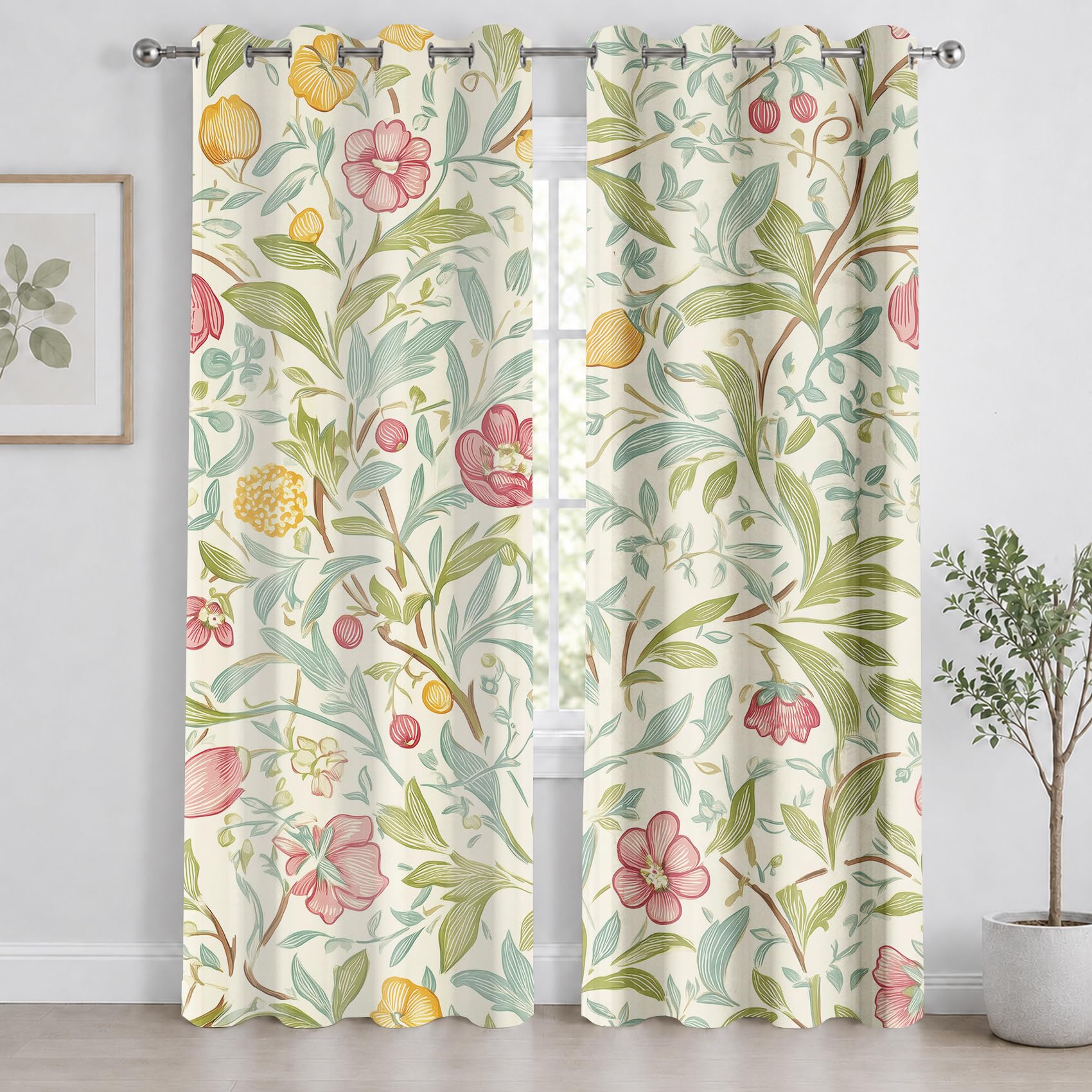 Generisch Landhaus Blumen Vorhänge, Vorhang mit Muster Ranken Blatter, Verdunklungsvorhänge Blickdicht mit Ösen, Gardinen für Wohnzimmer Schlafzimmer Deko 2er Set - 280 x 300 (B X H) Dhb61