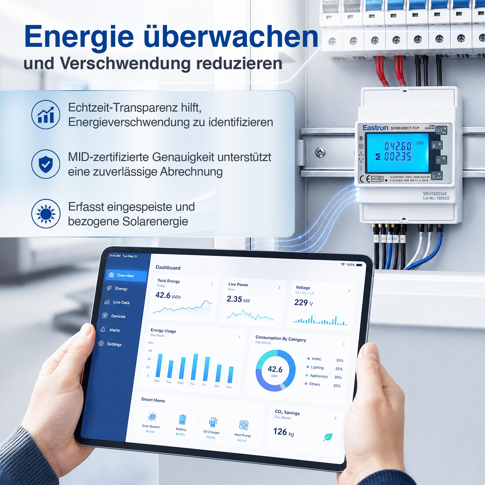Stromzähler, 1/3 Phase Ethernet Modbus TCP – (Stromwandler erforderlich) gespeister DIN-Schienen-Smart-Meter, MID kalibriert