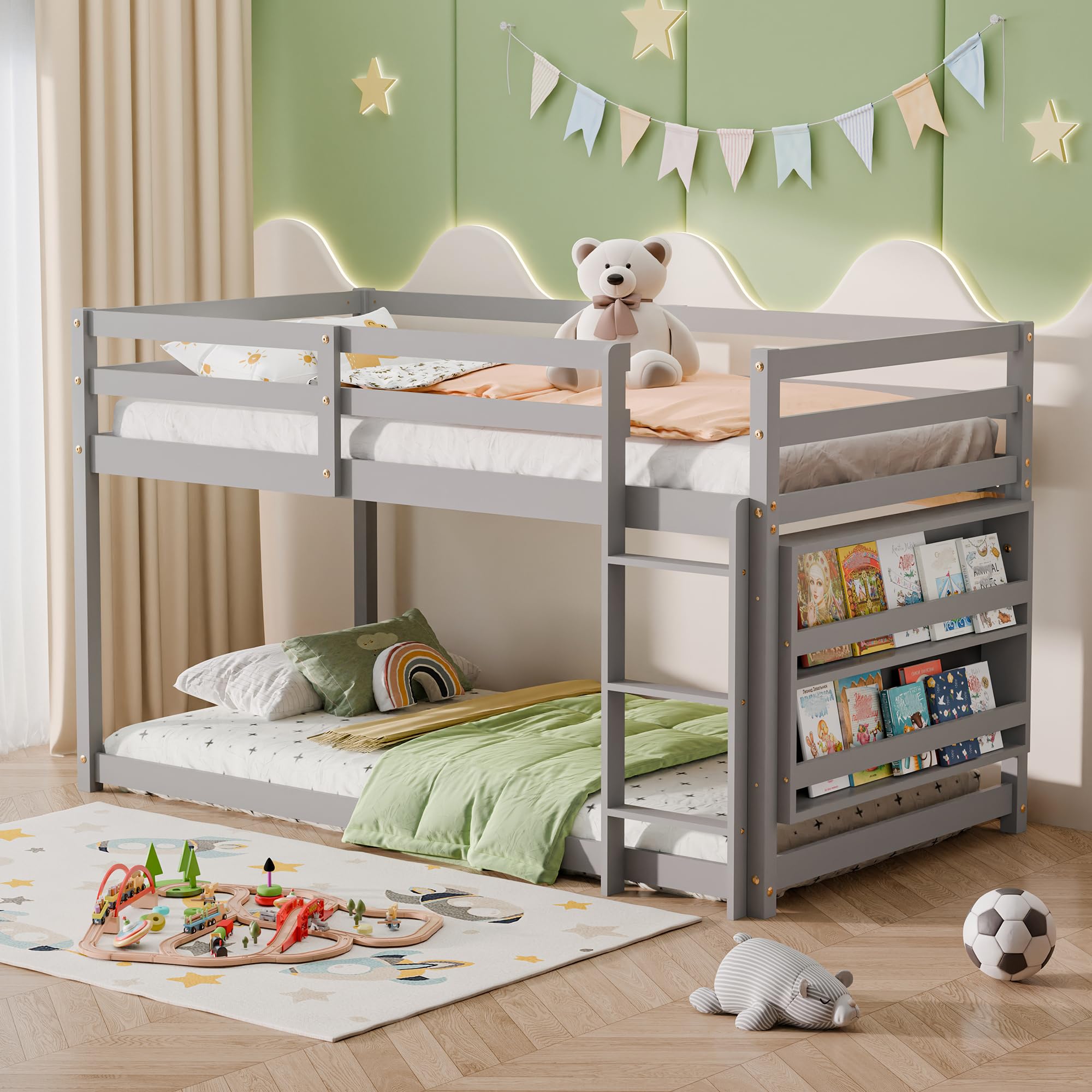 Xilingol Low Bunk Bed for Kids, Floor Bunk Bed Twin Over Twin with Bookshelves & Full Guardrails, Wooden Twin Bunk Bed Frame for Bedroom, Dorm, Boys,