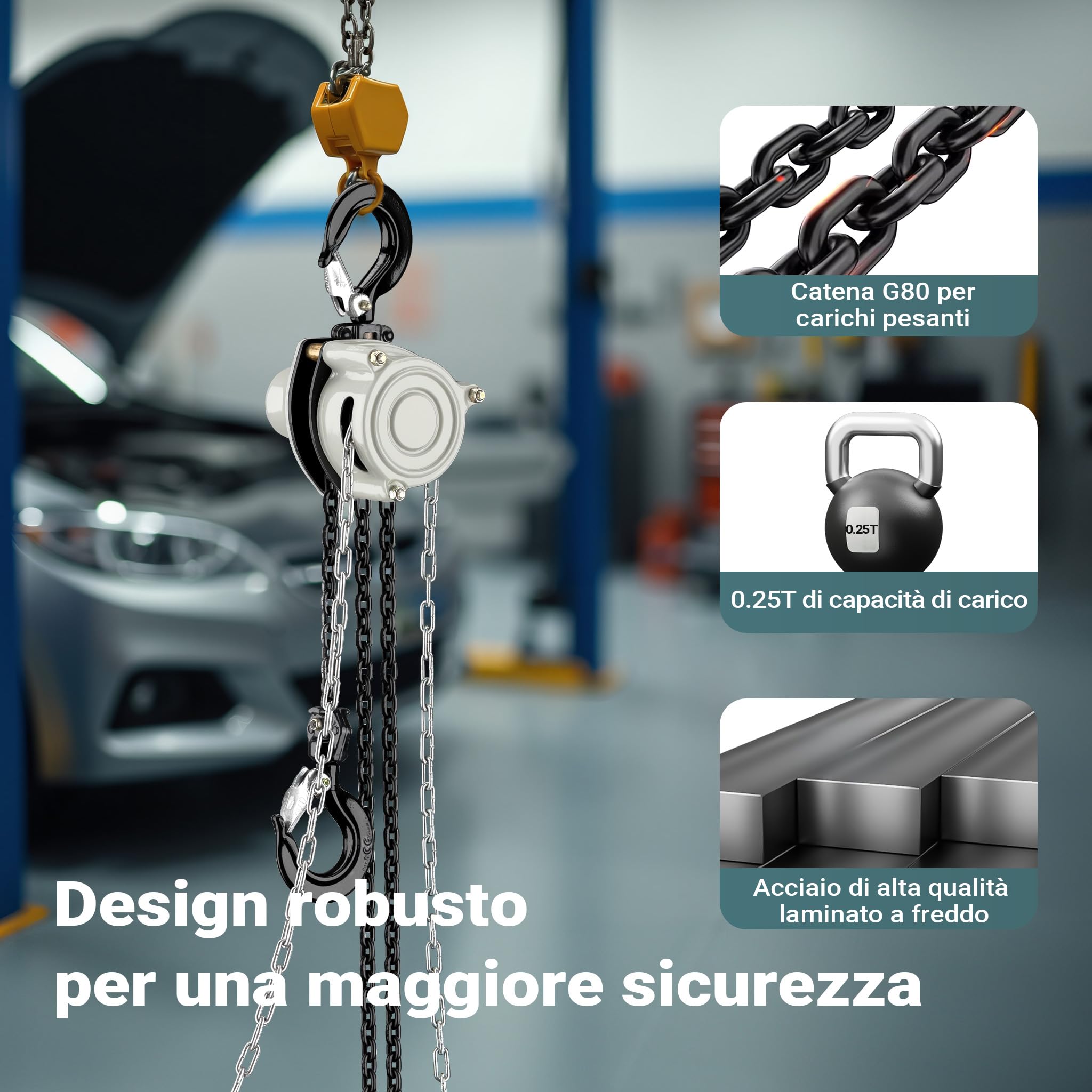 Wiltec Paranco a catena manuale V21-0,25, capacità di carico 250 kg, altezza di sollevamento 3 m, leggero e compatto, per impieghi gravosi