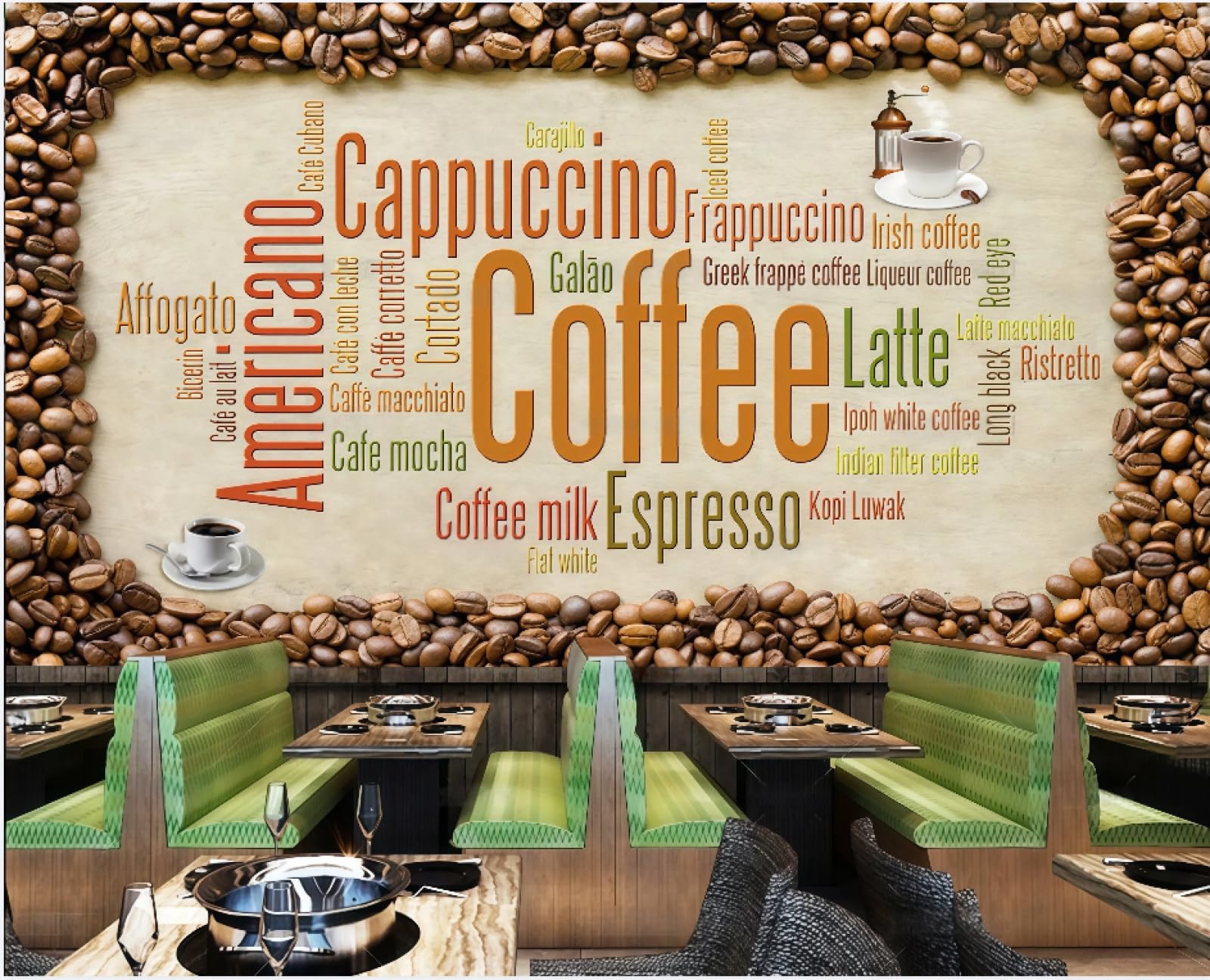XDOUBAO Wallpaper Hand-Painted English Letters Retro Coffee Bean Theme Dessert Shop Afternoon Tea Western Restaurant Background Wall Wallpaper Coffee Shop Mural,3D,150x105cm