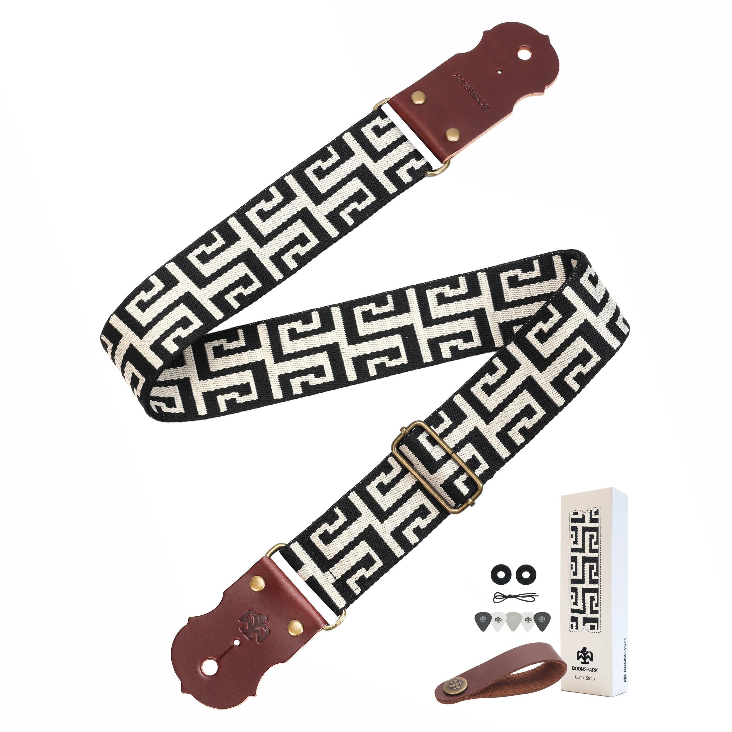 Guitar Strap, Jacquard Embroidery Guitar Straps with Top Real Cowhide Ends Guitar Straps for Electric,Bass and Acoustic Guitars(Black &amp; White Vintage)