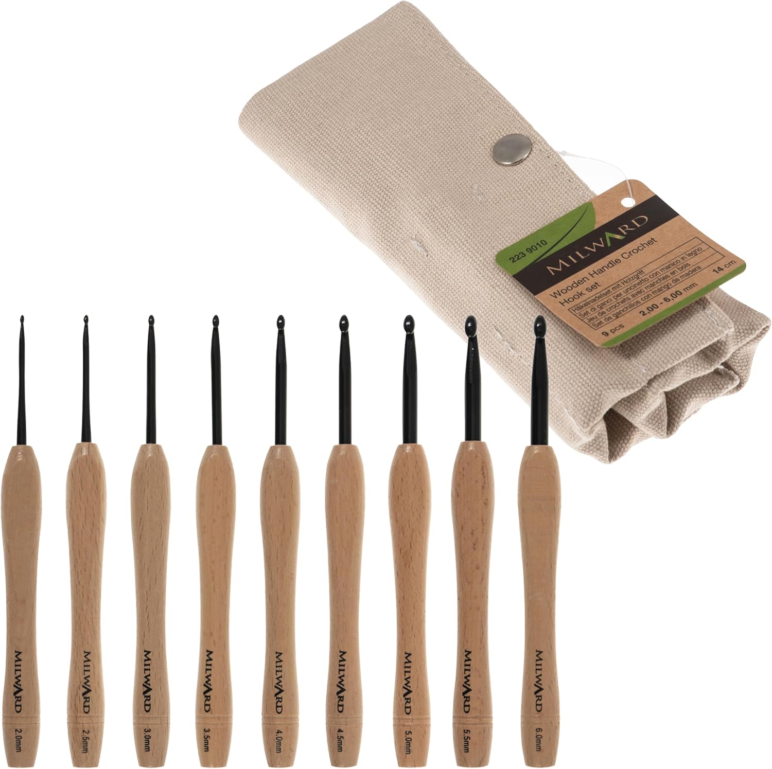Milward Crochet Hook Set - Smooth Beech Handles Aluminium Hooks, 2,2.5,3,3.5,4,4.5,5,5.5 and 6mm, 100% Cotton Hard Zippered Case, Grey
