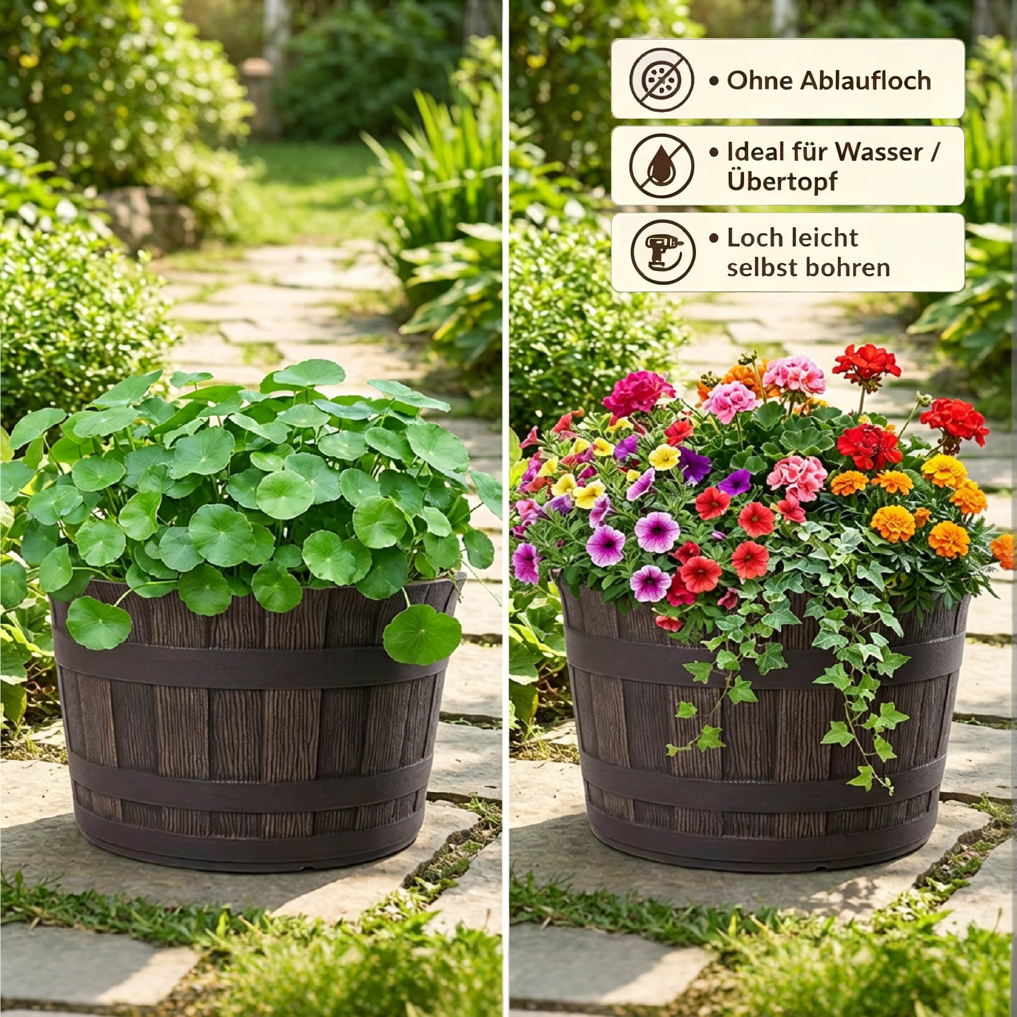 Pflanzkübel Barrique Holzoptik Ø36 cm – Kunststoff Blumenkübel im Barrique Fass Design – Ideal als Miniteich, Wasserspiel oder Übertopf – Wasserdicht und Frostbeständig