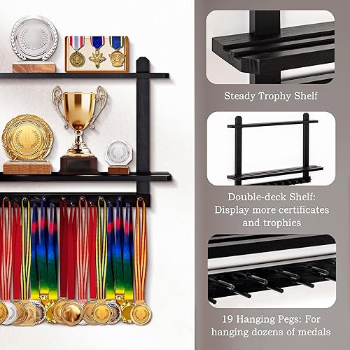 Miniatura 9 de LAVIEVERT Colgador de medallas de madera y estante de trofeos, exhibición de medallas de carreras montada en la pared con estante de almacenamiento