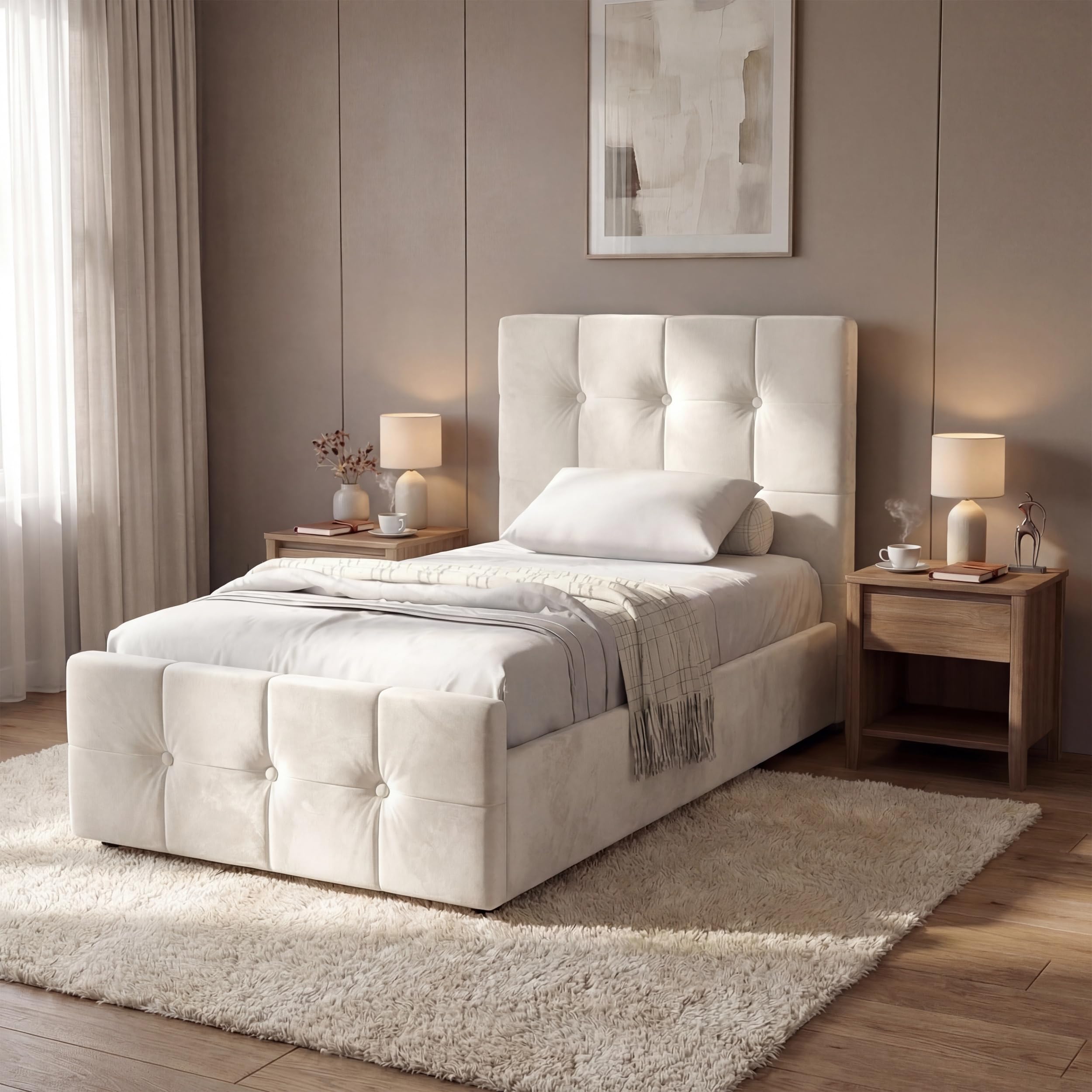 Blisswood Upholstered Ottoman Bed, 3ft Single Bed Frame UKFR Velvet Ottoman Storage Bed With Gas Lift End Opening Wooden Slats With Storage Bed (3ft Single Beige, No Mattress)