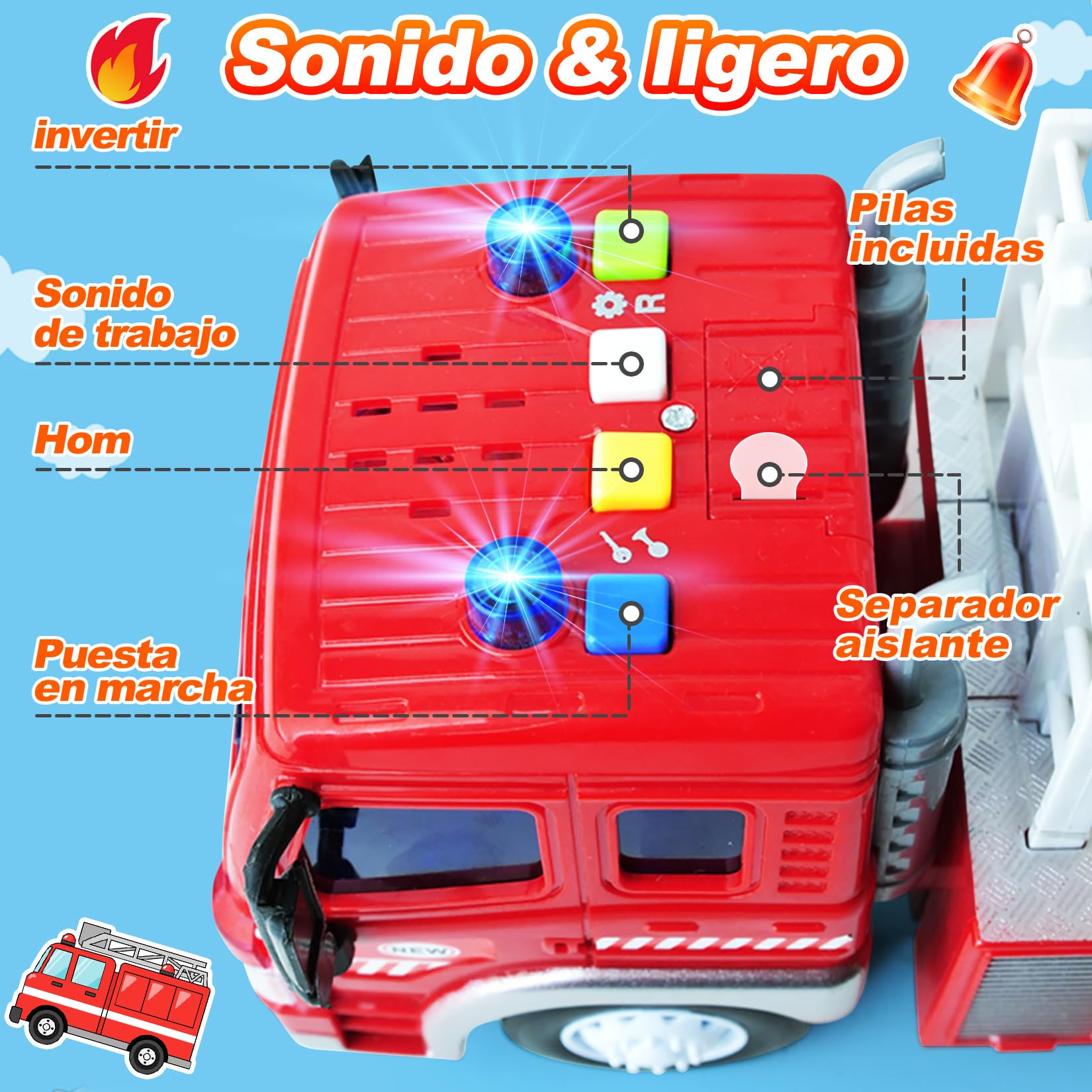 GizmoVine Camion Bomberos Grande Juguete, Camión de Bombero Modelo con Escalera, Luces y Sonido, Educativos Regalos, Camiones Grandes de Juguetes, Coche para Niños y Niñas 3 4 5 6 7 8 Años - Rojo