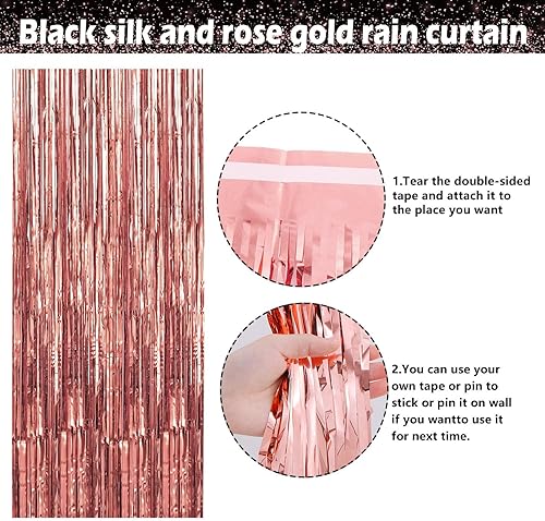 Miniatura 39 de Decoraciones de fiesta de oro rosa y negro – Cartel de feliz cumpleaños, globos, cortinas de flecos, mantel y decoración de pastel para niñas de 1