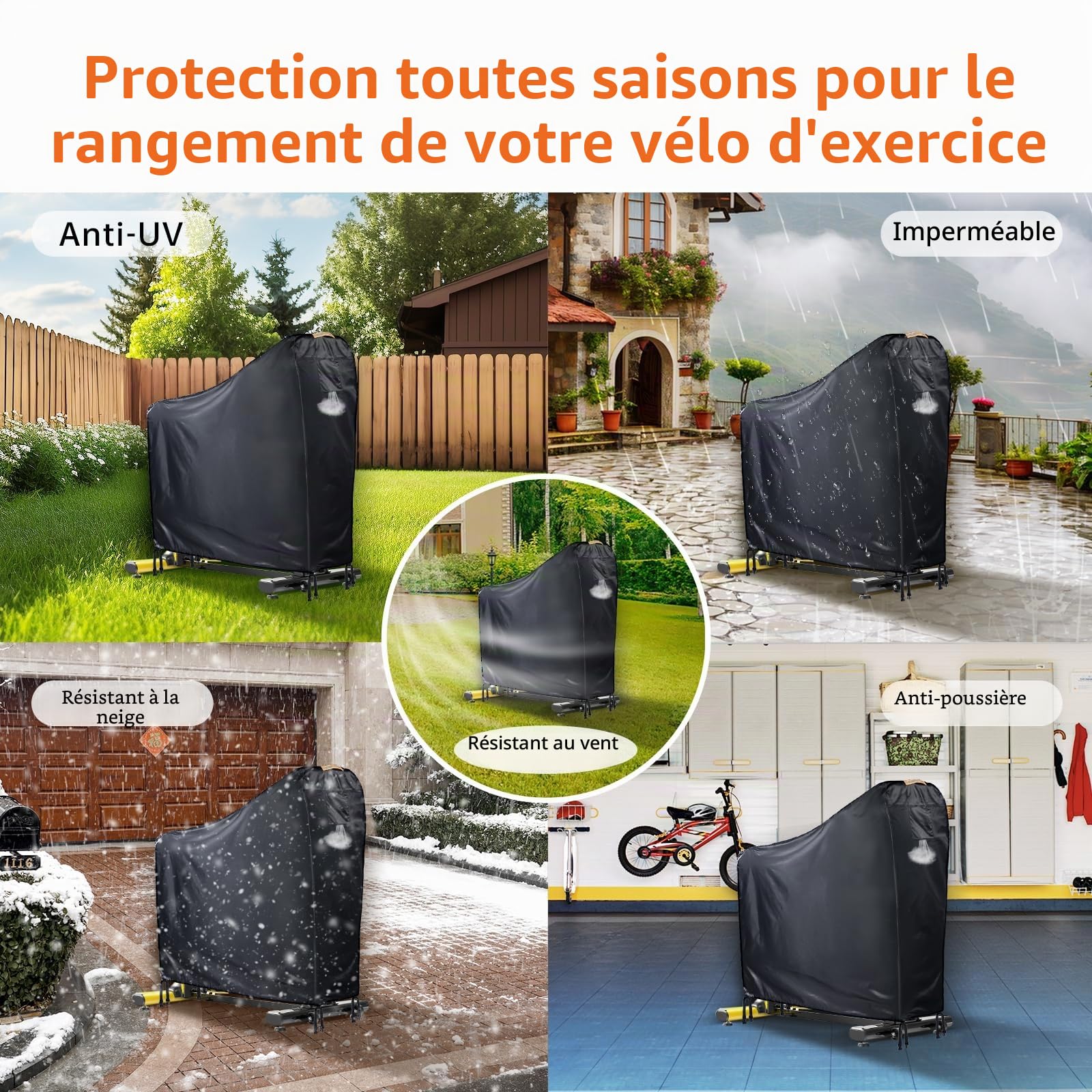 Housse de vélo stationnaire Grabado 420D imperméable pour extérieur, housse de vélo d’appartement avec évent d’air, bande imperméable, 4 boucles résistantes au vent, grande housse pour tous les temps