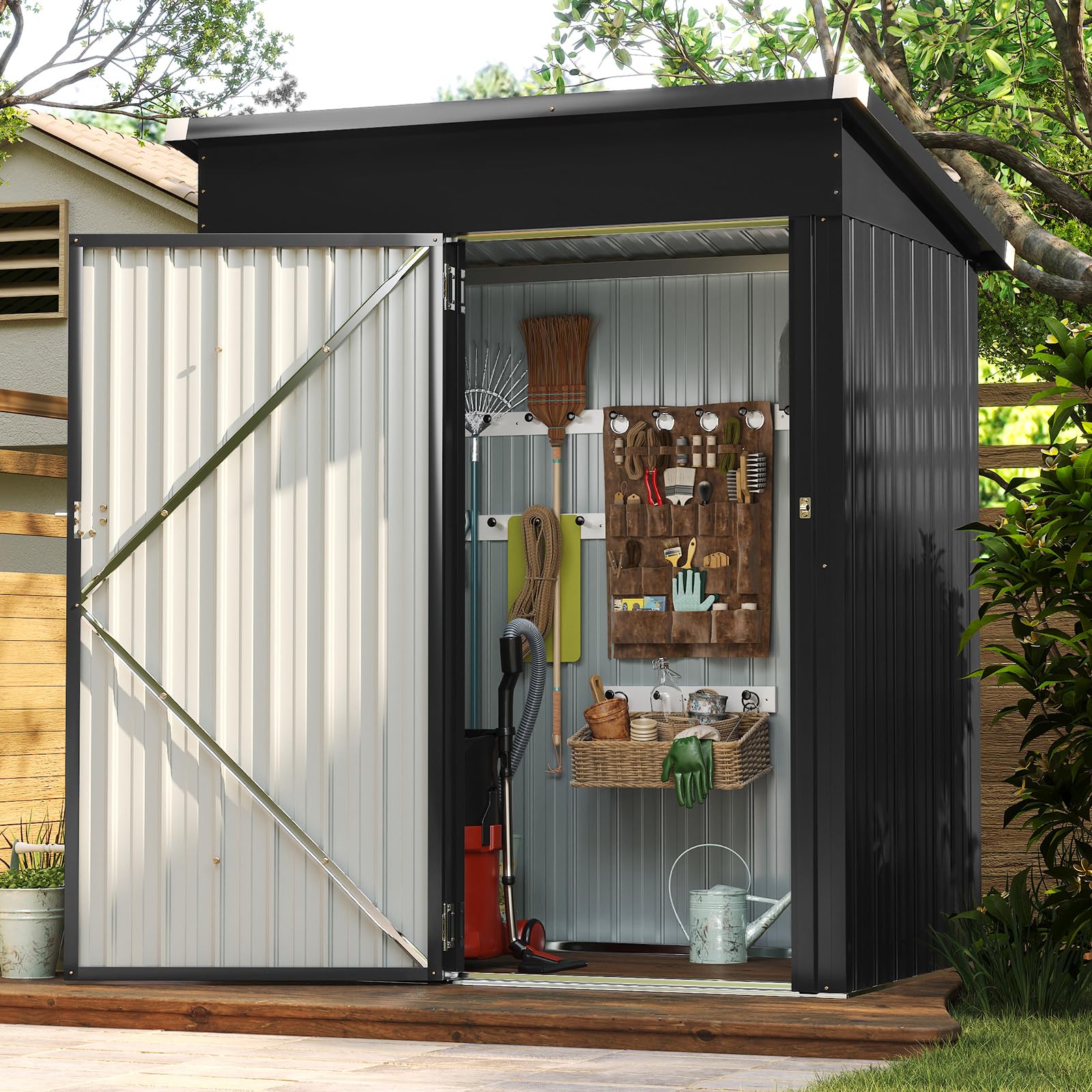 Aoxun 5x3ft Metal Garden Shed, Sheds and Outdoor Storage, Galvanized Waterproof Strong Reinforced Roof, with Lockable Doors & Slooping Roof for Backyard, Patio, Black — view 8
