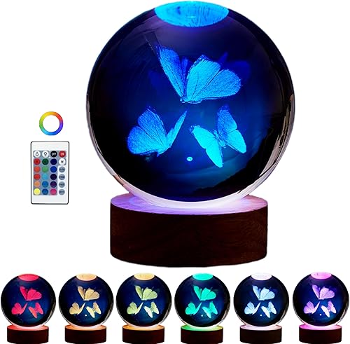 Lámpara de bola de cristal de mariposa 3D, luz nocturna realista de tres mariposas, luz cambiante de 16 colores, control remoto regulable, lámpara