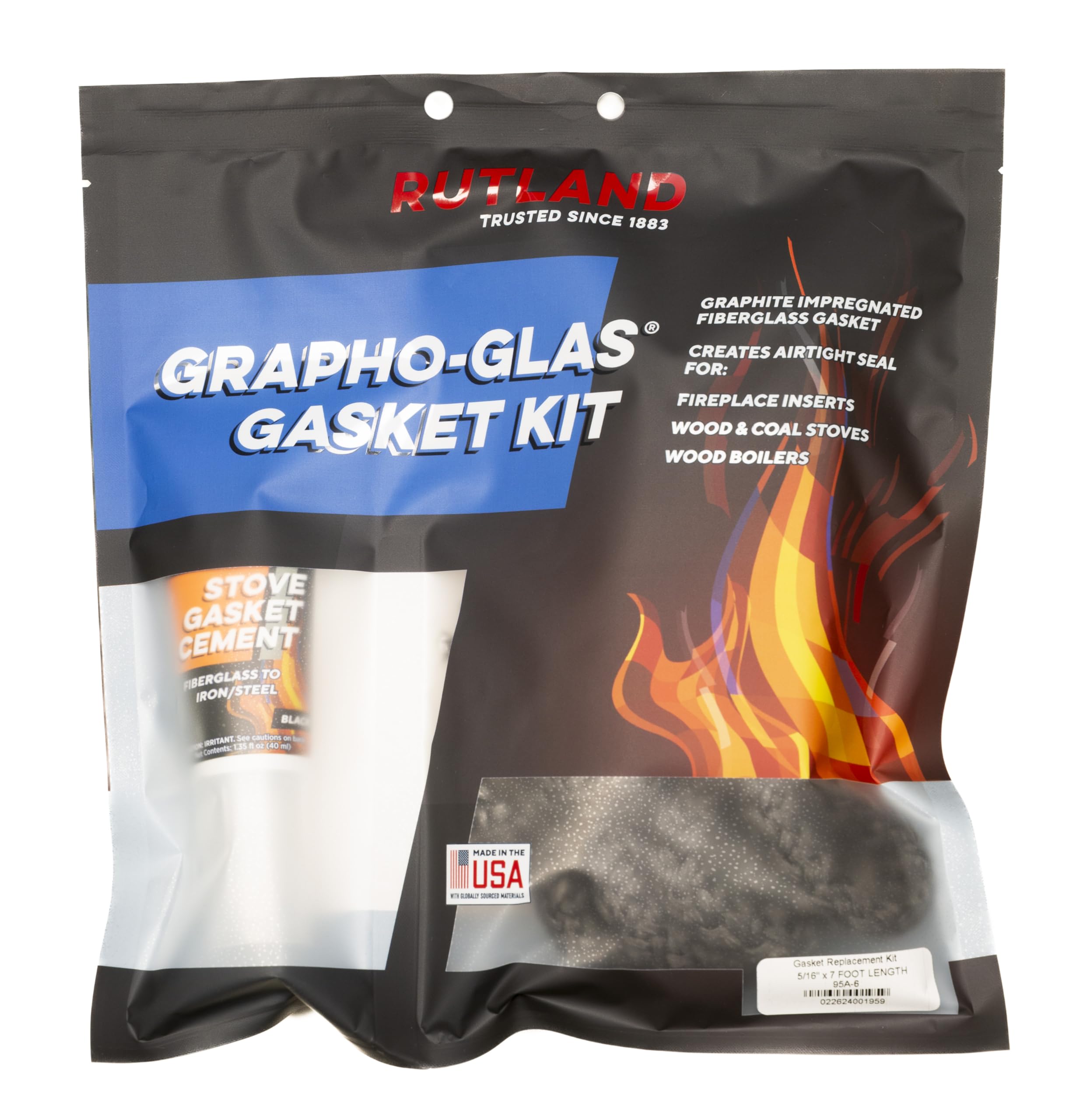 Rutland Wood Stove Gasket Replacement Kit, Graphite Impregnated Gasket & Adhesive, 5/16" X7' Rope