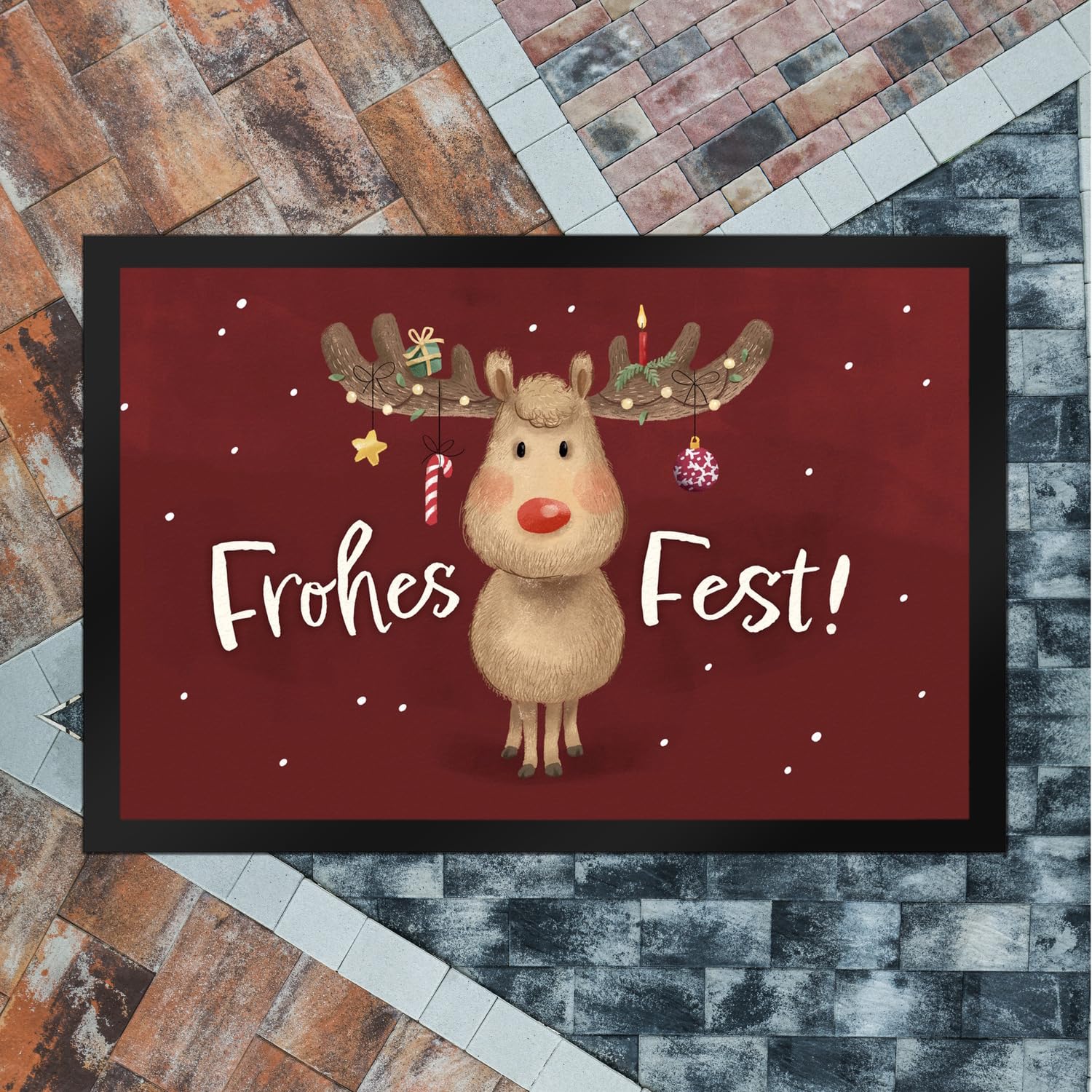 speecheese Frohes Fest Rentier mit Weihnachtsschmuck Fußmatte XXL in 50x75 cm eine Festliche Fußmatte XXL in 50x75 cm zur Weihnachtszeit Weihnachtliche Fußabtreter REH Türmatte für Frauen
