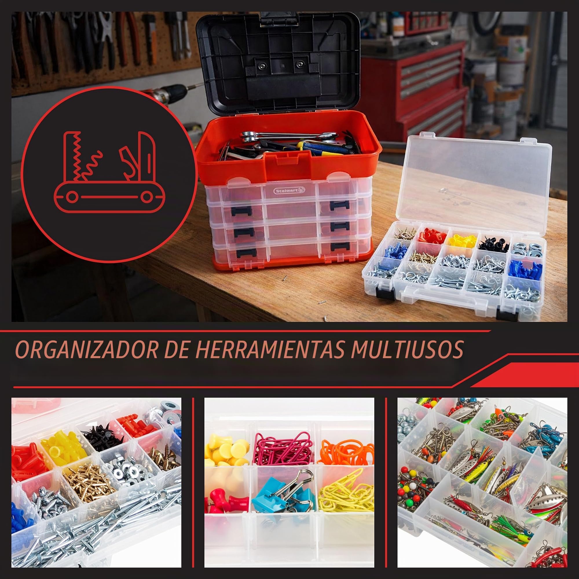 Stalwart - Caja de herramientas de almacenamiento, organizador portátil multiusos con compartimento superior principal y 4 bandejas extraíbles multicompartimento, rojo, 11 x 7 x 10 pulgadas
