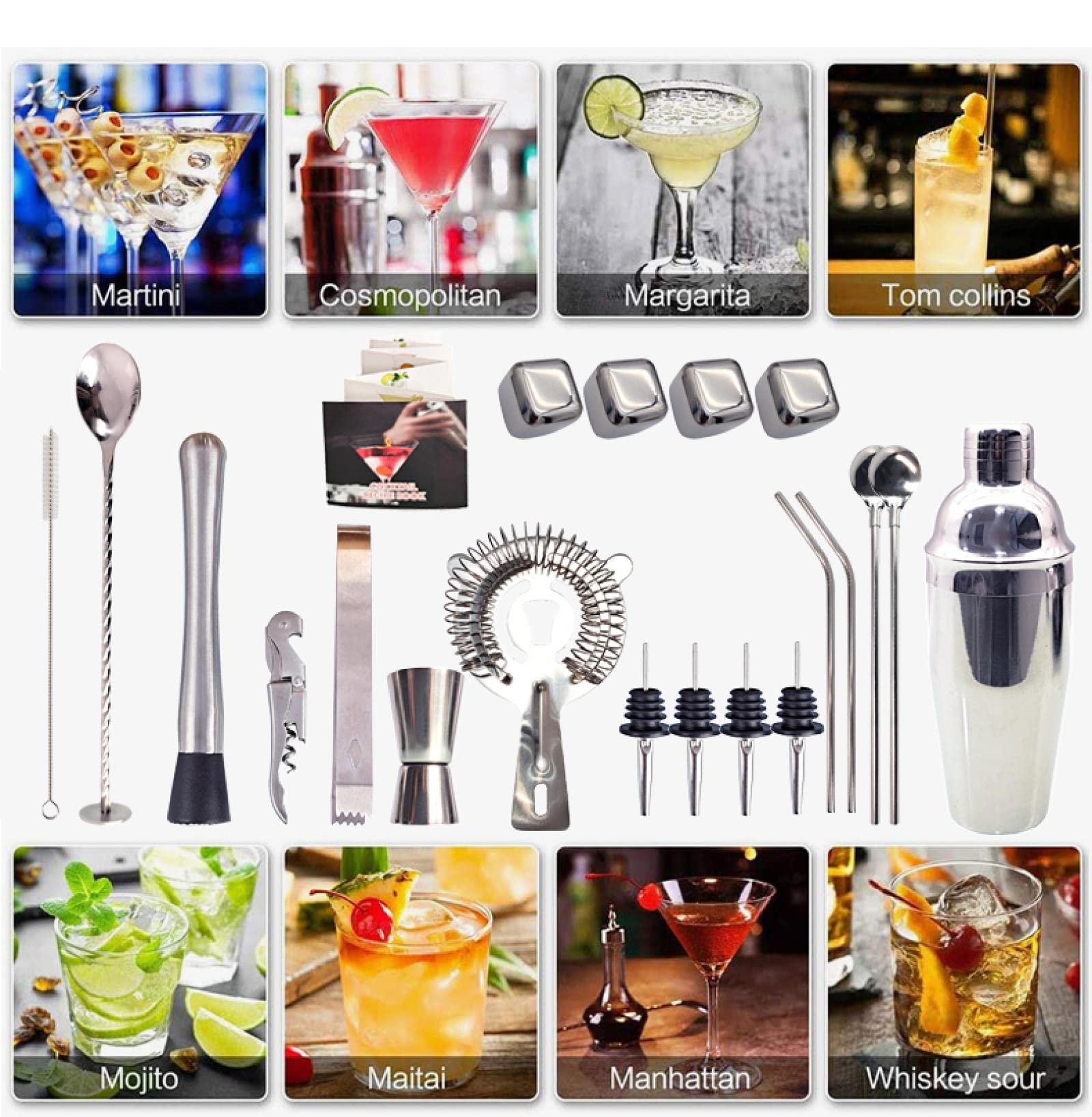 Bartender Set Bartender Kit Juego de coctelera de 16 Piezas de Acero Inoxidable Grano de Hielo Acrílico Soporte para Bebidas Mixtas Bar Herramientas 16-S- (16)