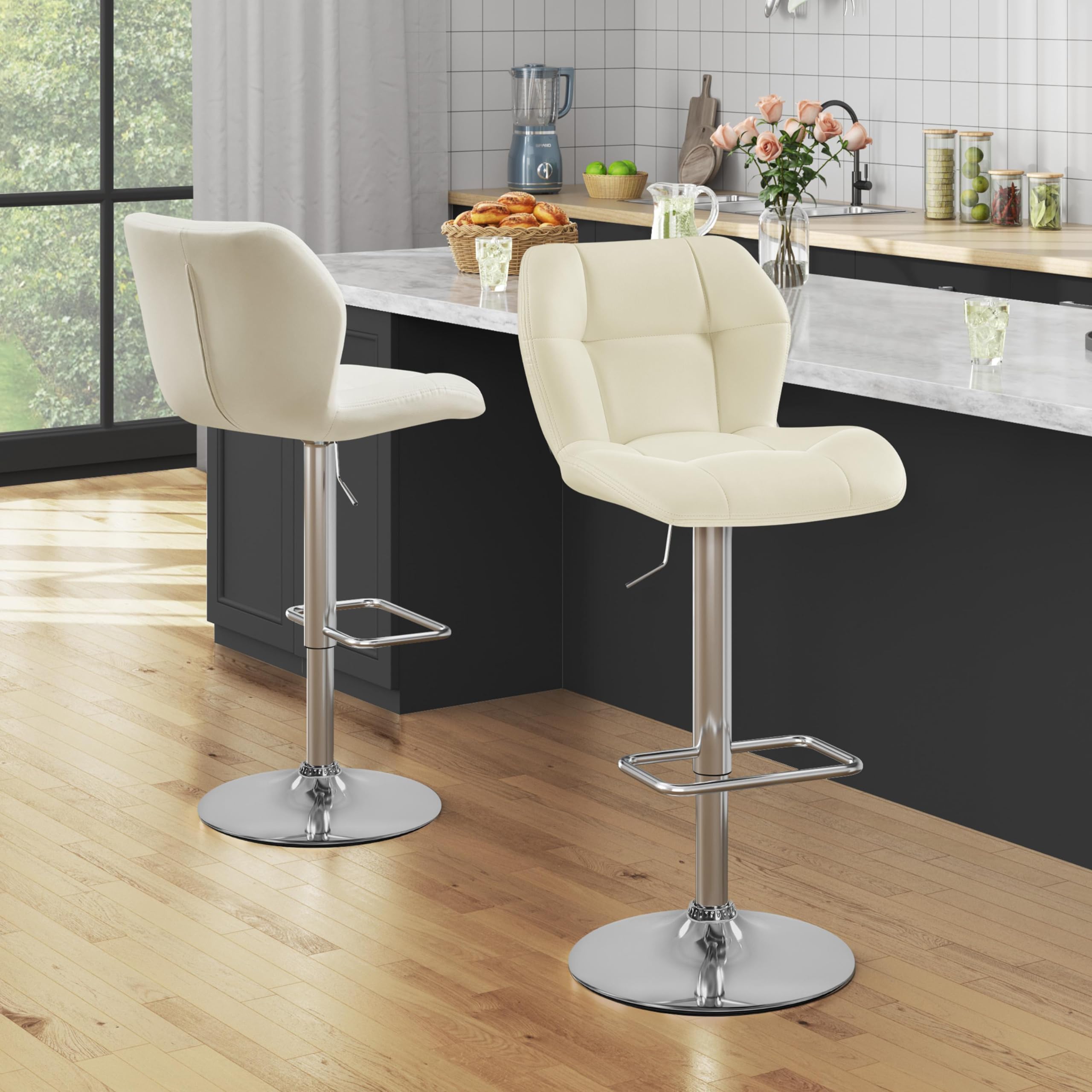 Yaheetech 2 Pcs PU Leather Bar Stools Set with Backrest, Swivel Adjustable Height Counter Stools for Breakfast Bar, Kitchen, Home & Restaurant Use, Beige