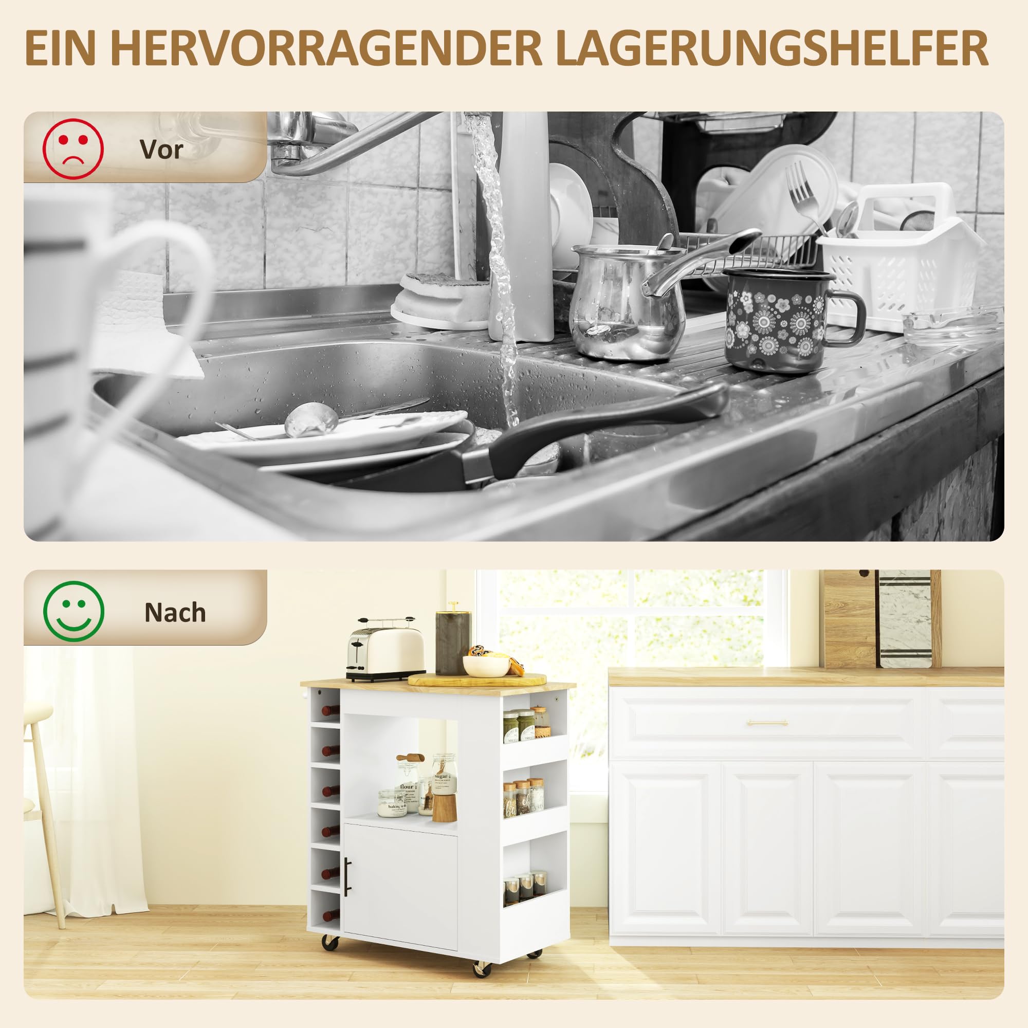 HOMCOM Küchenwagen mit Arbeitsplatte aus Holz Ablagen 83x40x83 cm Eiche | Rollwagen, Weinregalen, Servierwagen, Küchenschrank auf Rollen, Soft-Close-Scharnieren, Griff, Kücheninsel