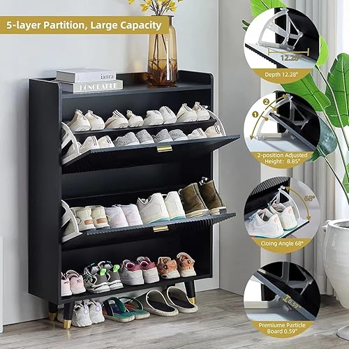 Miniatura 5 de howcool Armario de zapatos con 2 cajones abatibles, cubículo y estante, delgado de madera independiente y estrecho, organizador de zapatos para