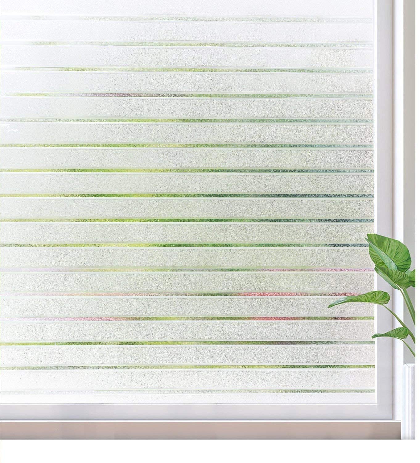 Rabbitgoo Frosted Window Film Static Cling Decorative Glass Film Anti UV Window Privacy Film Non Adhesive Window Cling Door Cover for Home Office Meeting Room, Stripe Patterns, 35.4 x 118 inches