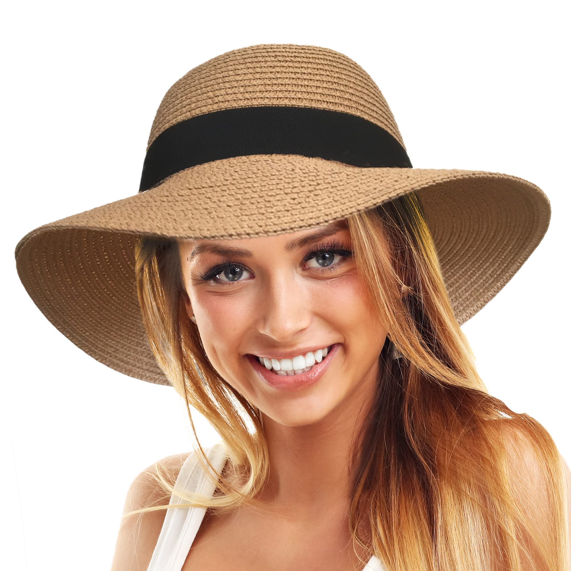 TOSKATOK Sombrero de Playa de Paja para Mujer UPF 50+ Protege de los Rayos UV, ala Ancha, Plegable para Viajes y Vacaciones
