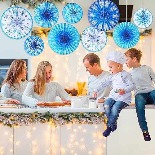 Miniatura 5 de Outus 9 abanicos de papel colgantes de copos de nieve de invierno, decoración de aula de copos de nieve azules y blancos, decoraciones colgantes de