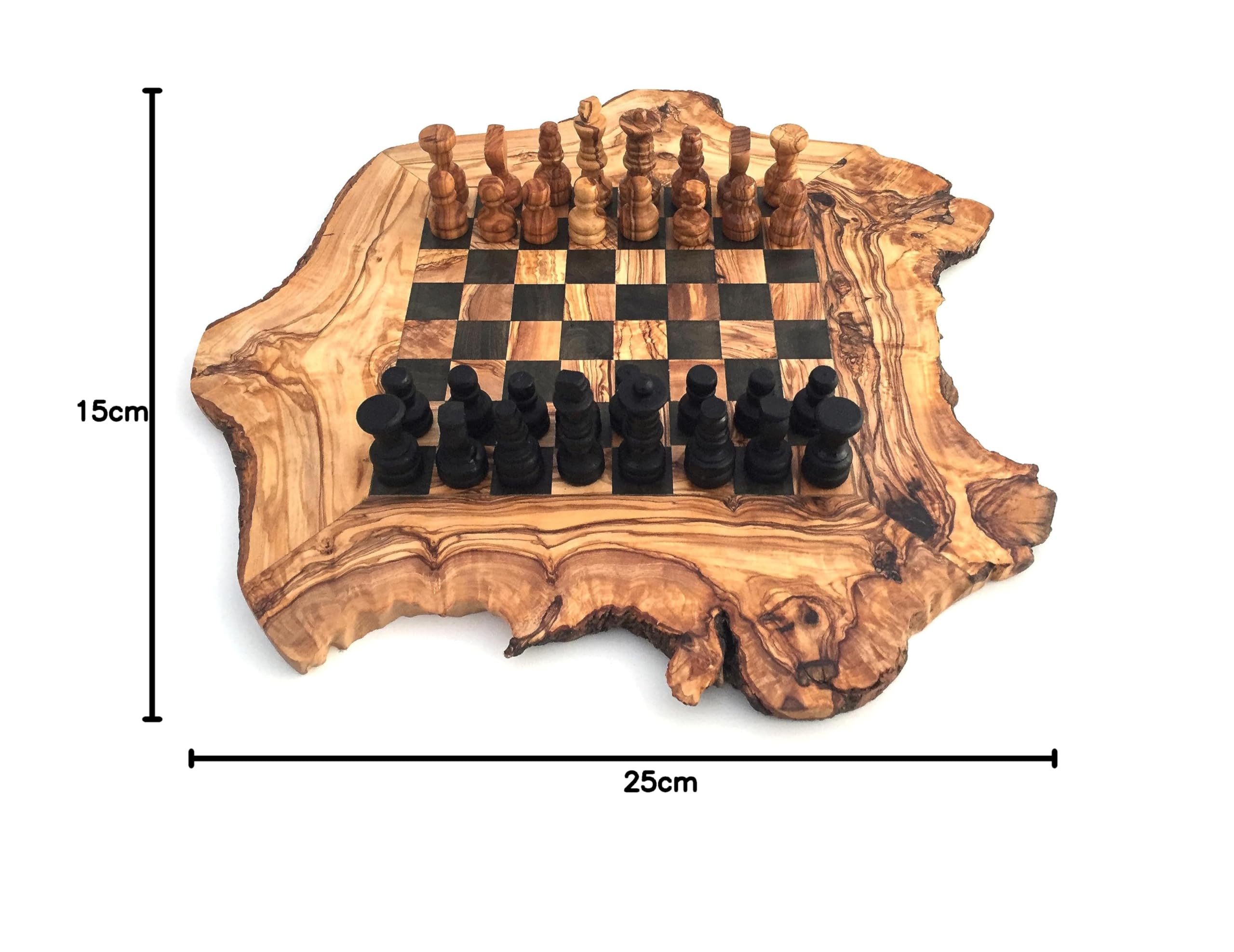 Plateau d'échecs rustique Choix de tailles S/M/L/XL Comprend 32 pièces d'échecs Ensemble d'échecs en bois d'olivier fait main Idée cadeau (L)