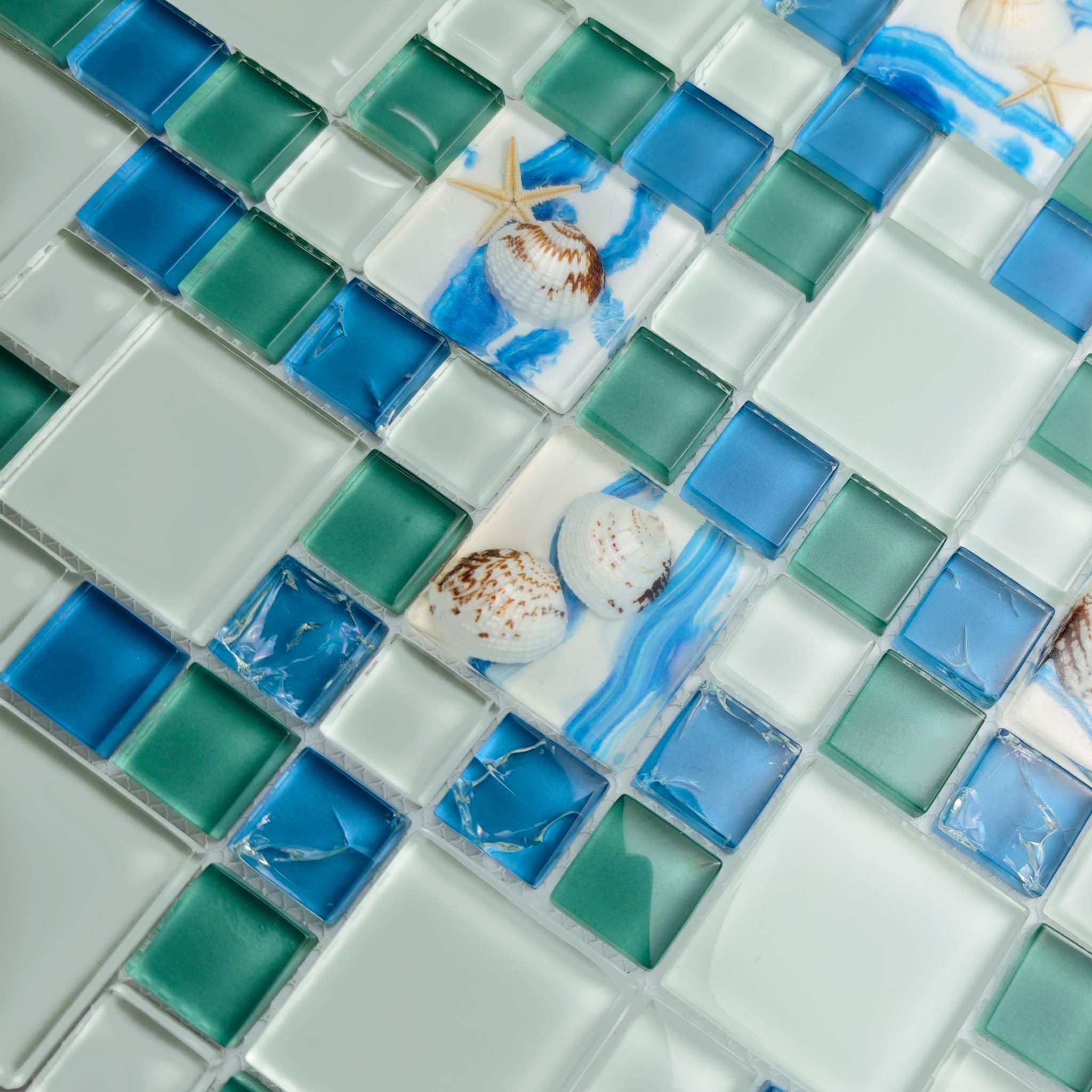 Ocean Breeze Glass Tile Blue & Green Beach Theme with Sea Shell Accents, Elegant Mosaic for Kitchen Backsplash, Bathroom Wall and Pool Decor (5 Square Feet)
